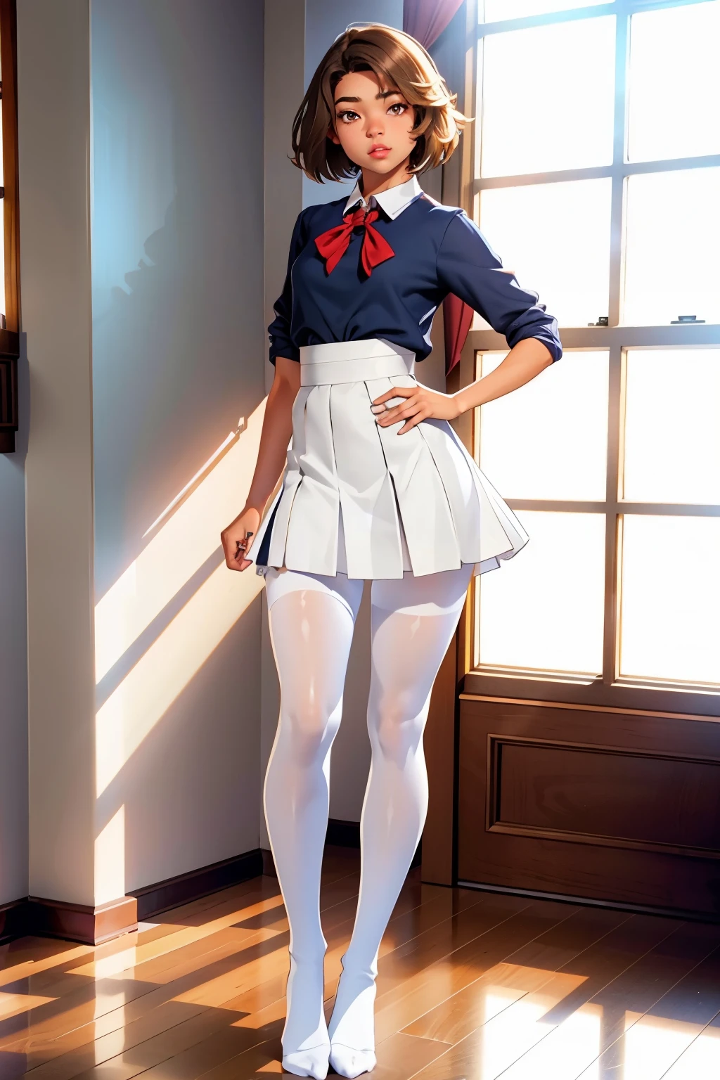 show entire body, feet in view, realistic, gorgeous 16y.o. light skinned mixed race female, American school uniform, transparent white pantyhose, legs open, museum, no shoes
