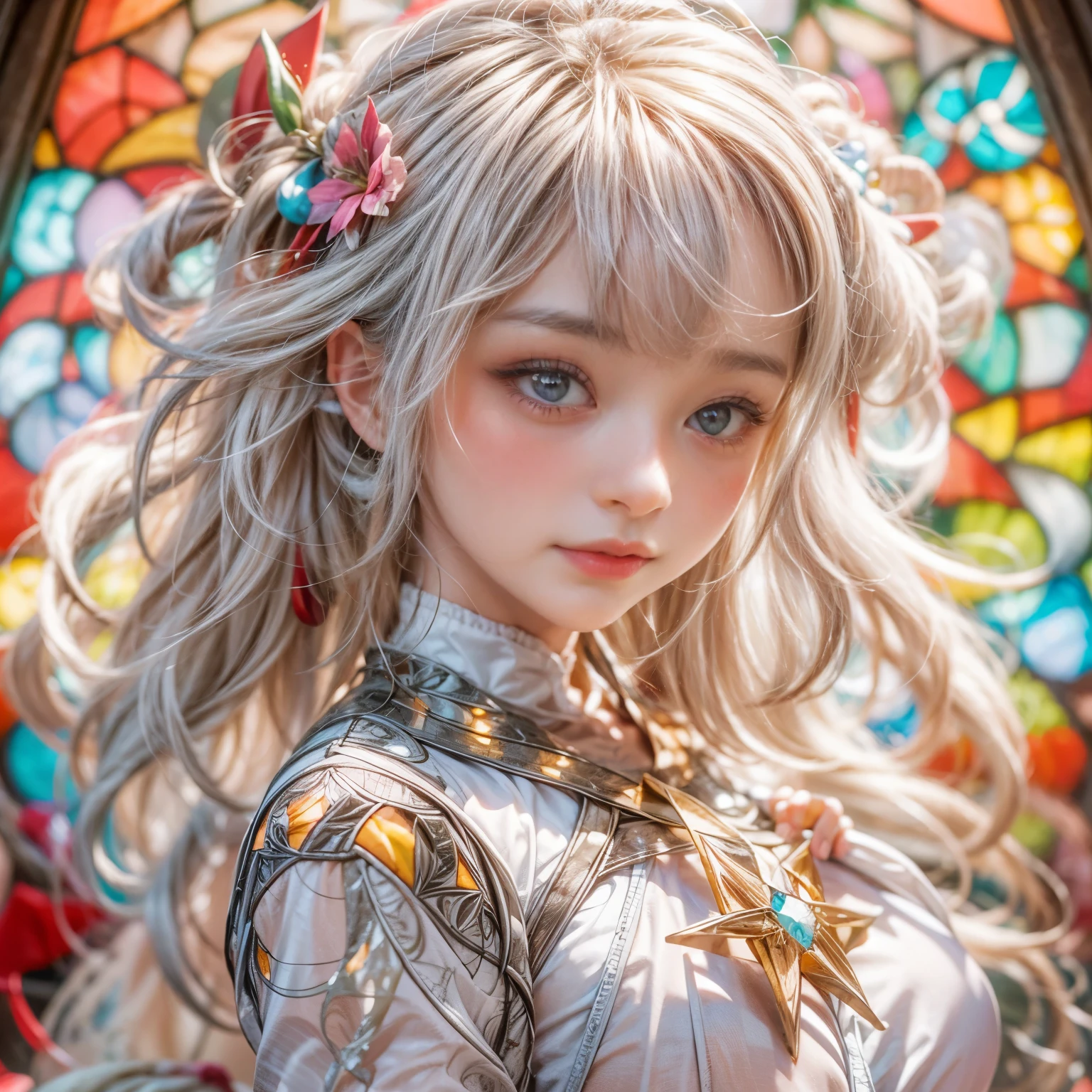 KAWAII girl in ((WHITE)) (loose opened uniform), with Glossy RED lips, (Exposed:0.9), (nipple:-1), { Extremely closeup | Dynamic-angle }, ((Dazzling stained glass Background)), (( colorful Light pours down from stunning elaborate stained glass:1.2)), vivid Red colors . ((Acutance:0.8, physically-based 3D rendering with Volumetric lighting)), (masterpiece:1.2), (ultra-detailed:1.35), (realistic, photorealistic, ((photo-realistic:1.37))with touch of rawness) . ((Renbutsu Misako)), (Extremely detailed KAWAII face variations, with Dynamic expressions),  detailed eyes with sparkling highlights, captivating gaze, long eyelashes, subtle blush on the face, rosy cheeks, impeccable ivory skin texture . { full of flowers covering girl's body | Mystic sight | God rays | haze | Light Particle | Luminous Particle | Lens Flare | A Halo in the air | Overflowing underboob | Button Undoned } . (((Unaligned fingers:-0.9))) .