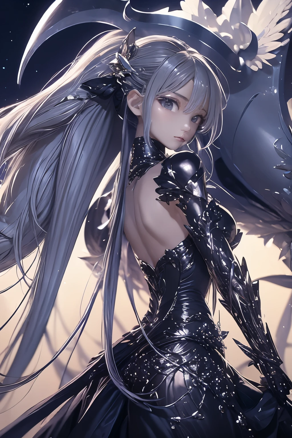 ((masterpiece、Super detailed、intricate details、high quality、clear、delicate、Accurate、An illustration))、Princess Knight （（silver hair、18-year-old、150cm、40 km、C cup、thin、thin、Have a scythe、bikini armor、leotard、cleavage exposed、Shining Tiara））、moonlight、full body figure:1.4、Overall view、wielding a scythe、View from a distance、meteor、comets、looking straight ahead