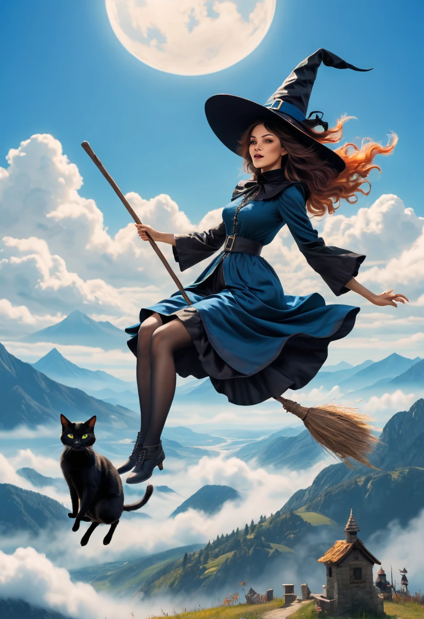 witch carrying black cata drawing of a woman in a witch costume sitting on a broom, classical witch, witch fairytale, Witch girl and black cat, on a bright afternoon，Many wizards compete on broomsticks under the blue sky。They shuttle among the clouds，intense competition，chasing each other。The background is a vast sky and distant mountains，Gives people a feeling of flying。