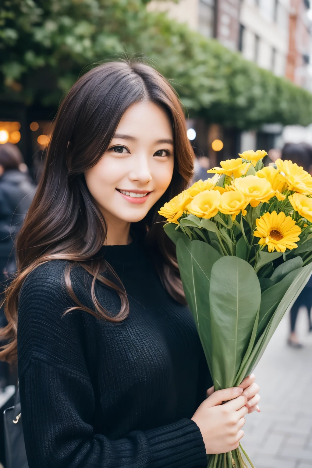 Bouquet of flowers, smiling face, dark brown hair, long hair, loose curls, Japanese, 20s, photoshopped, fabulous, black sweater, Omotesando