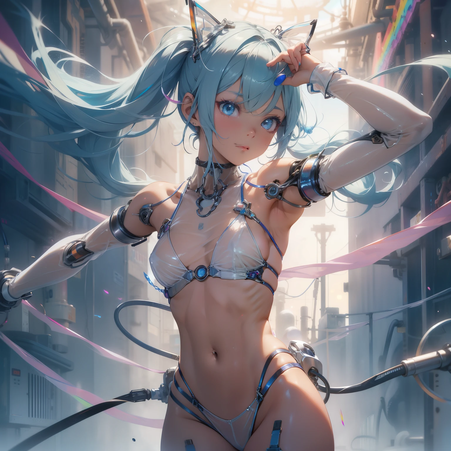 (quality)), ((masterpiece)), Recommended results、Puffy nipples、(see through:1.5)、straighten your back、abdominal muscles、huge bust、angle to floor:1.2、low camera angle、Hair loss on crotch，Hatsune Miku，super detailed)), (Very detailed的CG插画), ((extremely delicate and beautiful)),(1 white transparent mechanical girl)),alone,whole body,(Machine made joints:1.2),((mechanical limbs)),(Flashing blood vessel points connected to tubes),(Mechanical vertebrae attached to the back，with flowing glitter.),((Flowing rainbow fixed around neck)),perfect round face,(wires and cables attaching to neck:1.2),(Rainbow wires and cables on the head:1.2)(Character focus),,Very detailed,rich and colorful,most detailed，white ceramic skin，blue short hair