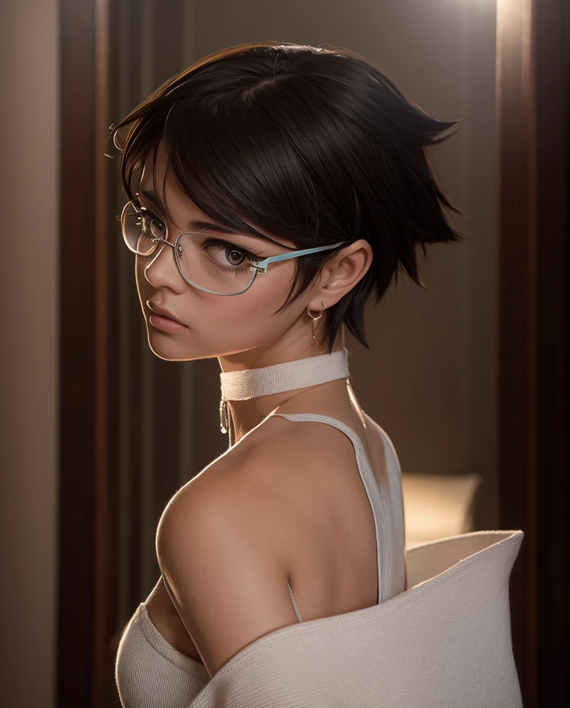 (highres:1.2),(realistic:1.37),ultra-detailed,professional,vivid colors,sharp focus,physically-based rendering,bokeh,portraits,(gorgeous:1.1) woman,(stunning:1.1) beauty,(short hair),(beautiful face),(sexy appearance),(glasses),(sexy outfit),(seductive look)