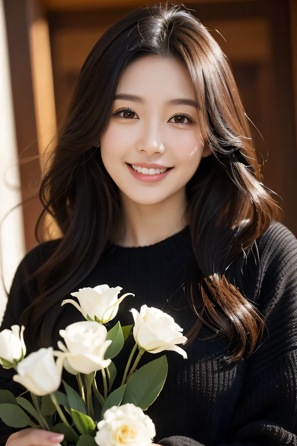 Bouquet of flowers, smile, dark brown hair, long hair, Loose curls, Japanese, 20th generation, photoshop, wonderful, black sweater, Omotesando