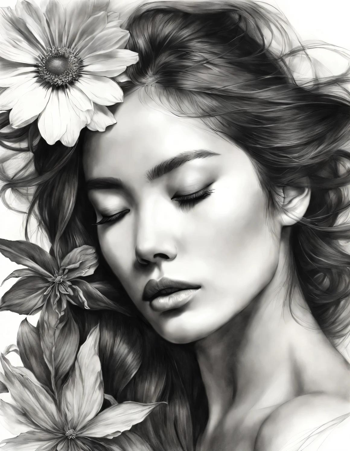 new romantic style, portrait, Beautiful detailed,Stylish photography style,Graphite painting art style,
a beautiful woman,one eye closed,The other eye is covered by a flower and messy long hair,