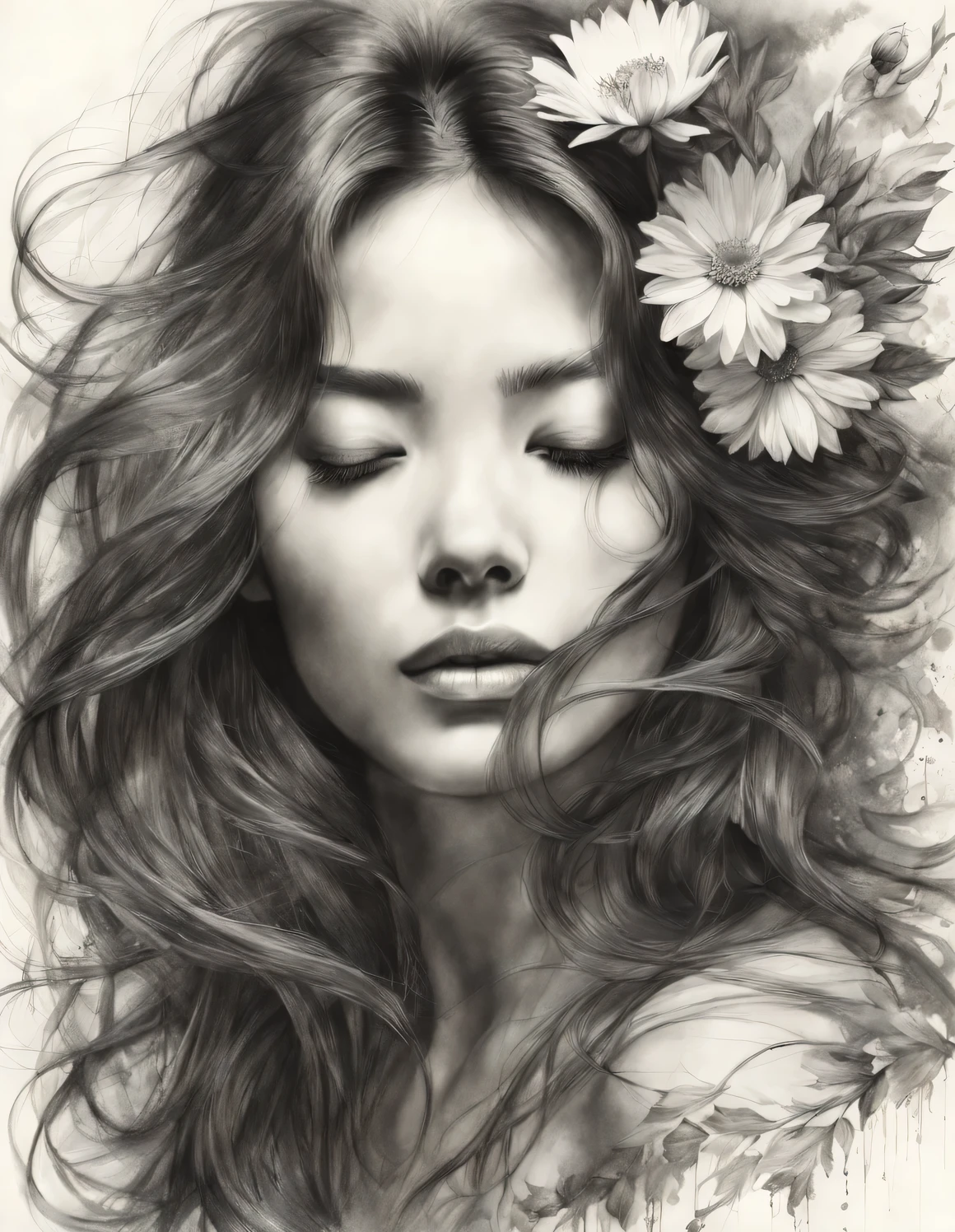 new romantic style, portrait, Beautiful detailed，Stylish photography style,Graphite painting art style, （front）
a beautiful woman，one eye closed，The other eye is covered by a flower and messy long hair，