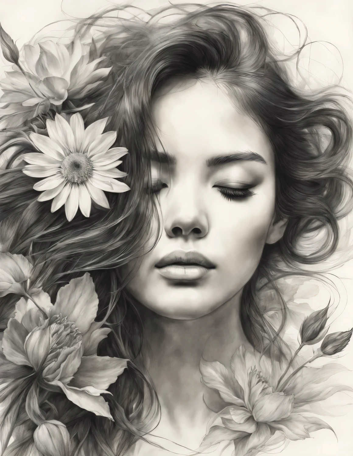 new romantic style, portrait, Beautiful detailed,Stylish photography style,Graphite painting art style, (front)
a beautiful woman,one eye closed,The other eye is covered by a flower and messy long hair,