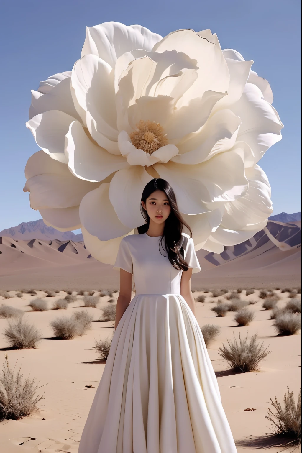 1 girl, dress, single person, white dress, black hair, flowers, arms on both sides, looking at the audience, blue sky, standing, short sleeves, sky, day, outdoors, long hair floating up