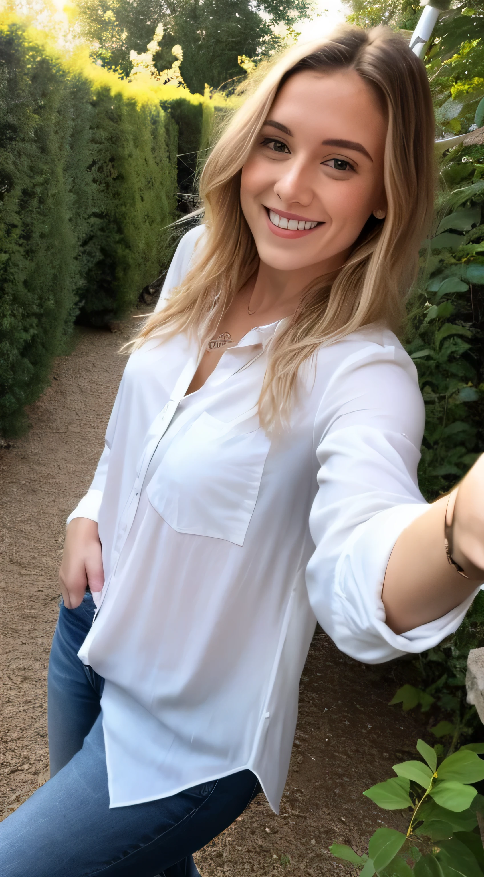Jillie, 1girl, solo, realistic, consistent image, (((mature))), (((60 years old))), mother, MILF, outdoor, upper body and upper legs, sitting, mini skirt, (((selfie)))