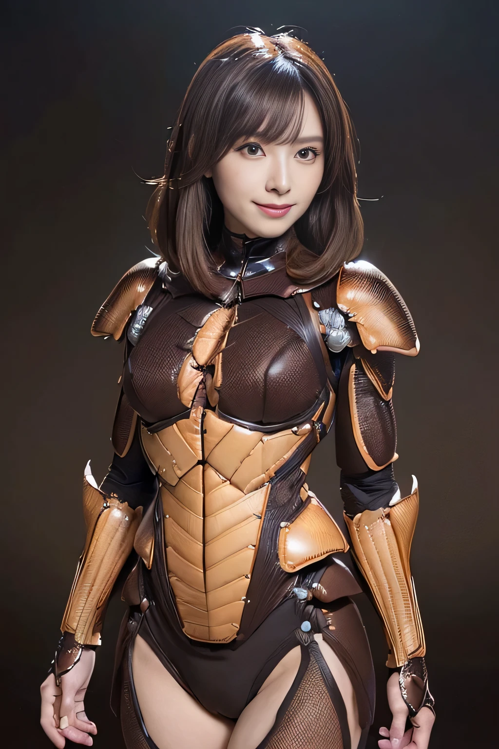 (High resolution,masterpiece,highest quality,Very detailed CG, anime, official art:1.4), realistic, photograph, amazing detail, all complicated, luster and luster,great many layers, 8k wallpaper, 3D, sketch, cute, figure,( alone:1.4), perfect female proportions,villain's daughter, (Fusion of dark brown cockroach and lady:1.4), (brown cockroach form lady:1.2), (brown cockroach woman:1.2), (Fusion:1.2), (alone:1.4), (evil smile:1.2), muscular, abs, (Cockroach brown exoskeleton bio insect suit:1.4), (Cockroach brown exoskeleton bio insect armor:1.2), (brown transparent cockroach feathers:1.4), (brown cockroach antenna:1.3),