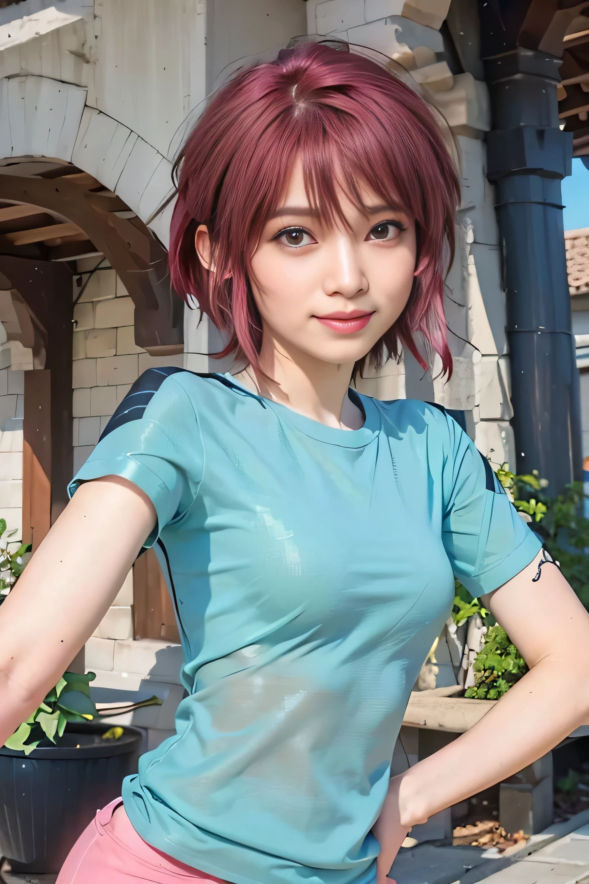 Realistic,masterpiece, best quality, (realistic,photo-realistic:1.4), (RAW photo:1.2),extremely detailed CG unity 8k wallpaper, delicate and beautiful, amazing,finely detail, official art, absurdres, incredibly absurdres, huge filesize, ultra-detailed,extremely detailed eyes and face, light on face,lunamaria hawke(little smile:1.3),(magenta hair:1.3),short hair,(wearing blue t-shirt:1.4),outdoor,garden background