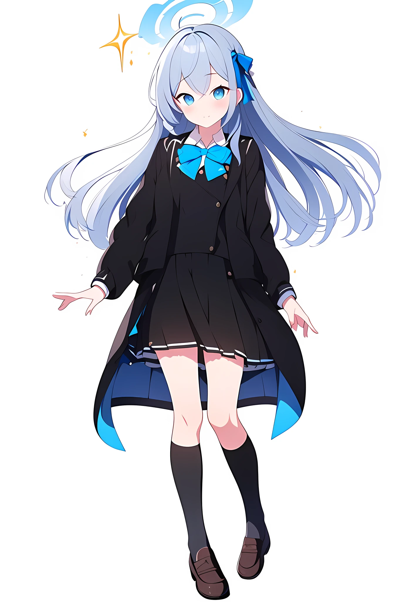 [(NO BACKGROUND:1.5),::5] (WHITE BACKGROUND:1.5), [(Blue Archive:1.5)::,5] (:1.5), full body, small breasts, (black jacket, black skirt, jacket:1.4), (brown footwear:1.3), (skirt, miniskirt, short skirt, black skirt:1.4), (uniform, school uniform, grey uniform, grey school uniform, sleeves, long sleeves:1.5), white shocks, (blue eyes, blue hair:1.3), long hair, colored inner hair, full body, hand down, kneehighs, loafers, looking at viewer, (solo, masterpiece, highres, 4k, high quality, digital art, sparkling eyes:1.3),