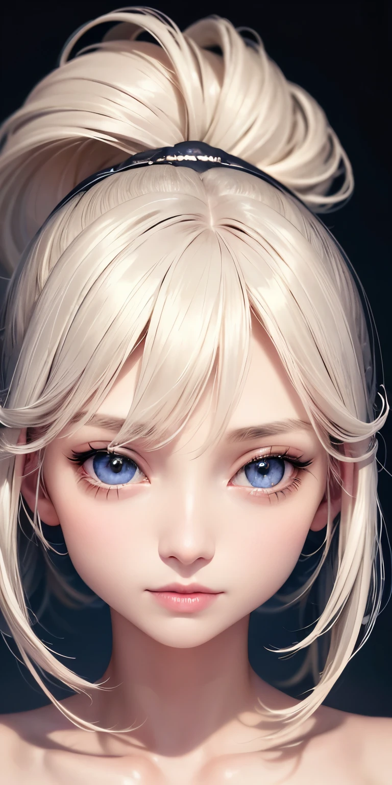 one person１８Beautiful woman of age、Moisturizing and beautiful eyes、ciri、picture、oval jaw、delicate features、beautiful expression、beautiful blonde hair、long bangs、long ponytail、Blue eyes with a beautiful glow、LDS Art,Fashion model 25 years old、[[[[Close-up]]]]、[[[[chest]]]]、[[[[head]]]]、[[[[shoulder]]]]、perfect eyes、Perfect iris、perfect lips、perfect teeth、perfect skin、soft front light、glow、HDR、(calm color 1.2)