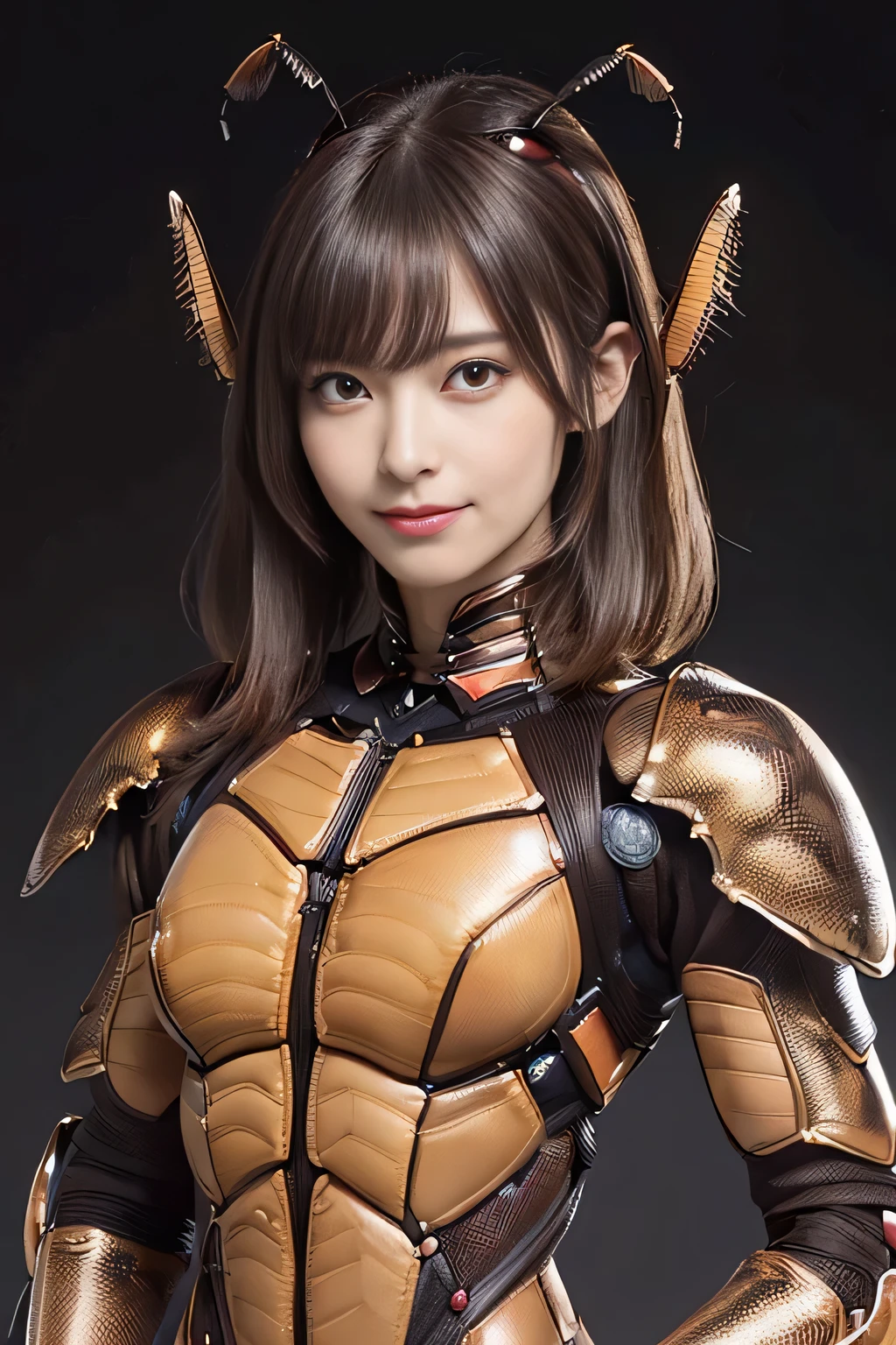 (High resolution,masterpiece,highest quality,Very detailed CG, anime, official art:1.4), realistic, photograph, amazing detail, all complicated, luster and luster,great many layers, 8k wallpaper, 3D, sketch, cute, figure,( alone:1.4), perfect female proportions,villain&#39;s daughter, (Fusion of dark brown cockroach and lady:1.4), (brown cockroach form lady:1.2), (brown cockroach woman:1.2), (Fusion:1.2), (alone:1.4), (evil smile:1.2), muscular, abs, (Cockroach brown exoskeleton bio insect suit:1.4), (Cockroach brown exoskeleton bio insect armor:1.2), (brown transparent cockroach feathers:1.4), (brown cockroach antenna:1.3),