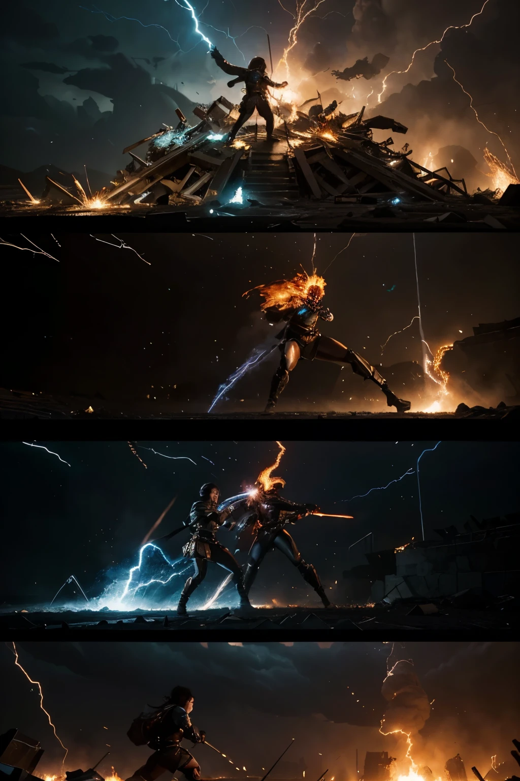 In the heart of the Enchanted Arena, hero and their formidable opponent engage in an elemental duel that defies the laws of magic. With one hand ablaze with fiery intensity and the other crackling with the might of lightning, hero commands the forces of both elements, the air pulsating with their raw power.
As hero and the opponent clash, the sheer force of their elemental prowess sends shockwaves through the arena. The ground trembles beneath them, and fissures snake across the once-sturdy battleground.
Witnessing the intensity of the duel, the audience is thrown into a frenzy of panic. Spectators scramble to escape the collapsing arena, their expressions shifting from awe to sheer terror. The thunderous roars of collapsing structures drown out the crackling of flames and lightning.
In the chaos, hero and the opponent, absorbed in their elemental clash, stand amidst the crumbling remnants of the arena. Debris swirls around them as the very foundations of the magical battleground succumb to the cataclysmic forces at play.
Capture the urgency in the fleeing audience, their silhouettes caught in the chaotic backdrop of the collapsing arena. Illustrate the swirling clouds of dust and the fragments of magical wards shattered by the sheer intensity of the duel.
Despite the impending collapse, hero and the opponent continue their elemental confrontation, their determination undeterred by the crumbling world around them. The concept art becomes a snapshot of the Elemental Cataclysm Unleashed, a moment where the battlefield itself succumbs to the overwhelming clash of fire and lightning. the hero is male