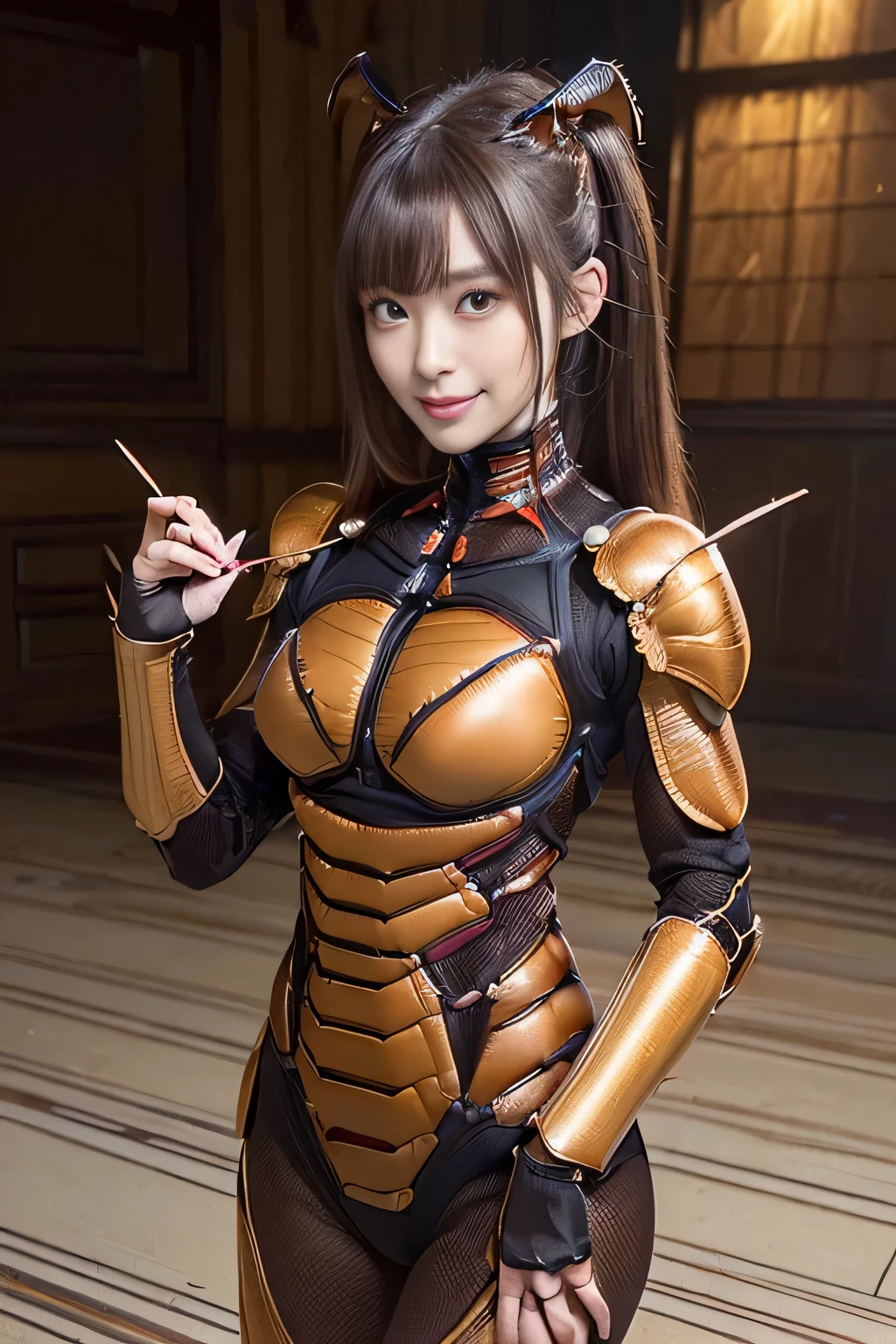 (High resolution,masterpiece,highest quality,Very detailed CG, anime, official art:1.4), realistic, photograph, amazing detail, all complicated, luster and luster,great many layers, 8k wallpaper, 3D, sketch, cute, figure,( alone:1.4), perfect female proportions,villain's daughter, (Fusion of dark brown cockroach and lady:1.4), (brown cockroach form lady:1.2), (brown cockroach woman:1.2), (Fusion:1.2), (alone:1.4), (evil smile:1.2), muscular, abs, (Cockroach brown exoskeleton bio insect suit:1.4), (Cockroach brown exoskeleton bio insect armor:1.2), (brown transparent cockroach feathers:1.4), (brown cockroach antenna:1.3),