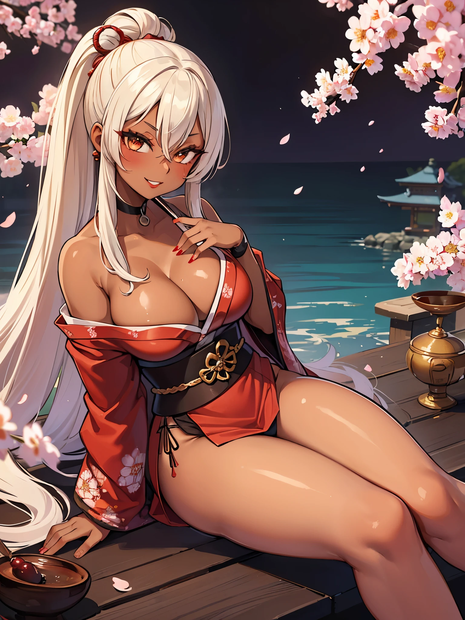 Beautiful girl, courtesan, (blond topknot, forehead), (red eyeshadow and red lip), long eyelashes, parted lips, (beautiful slit eyes, sideways glance), (evil smile:1.3),
BREAK,
(ganguro, japanese-gyaru, dark skin:1.5), sitting, From side, From above, Drinking, (holding large sake cup:1.2),
BREAK,
(Luxury red and black off-shoulder‐kimono:1.4), hairpin, nail polish, (best proportions, cleavage, long sagging breasts:1.6),
BREAK,
(Japanese garden with flowers and cherry blossoms in full bloom, cherry blossoms, cherry blossom blizzard), professional lighting, best quality, masterpiece, ultra detailed, captures a super cute moment, depth of field, ultra high resolution, fine details, 16k wallpaper,Oiran,dark skin,