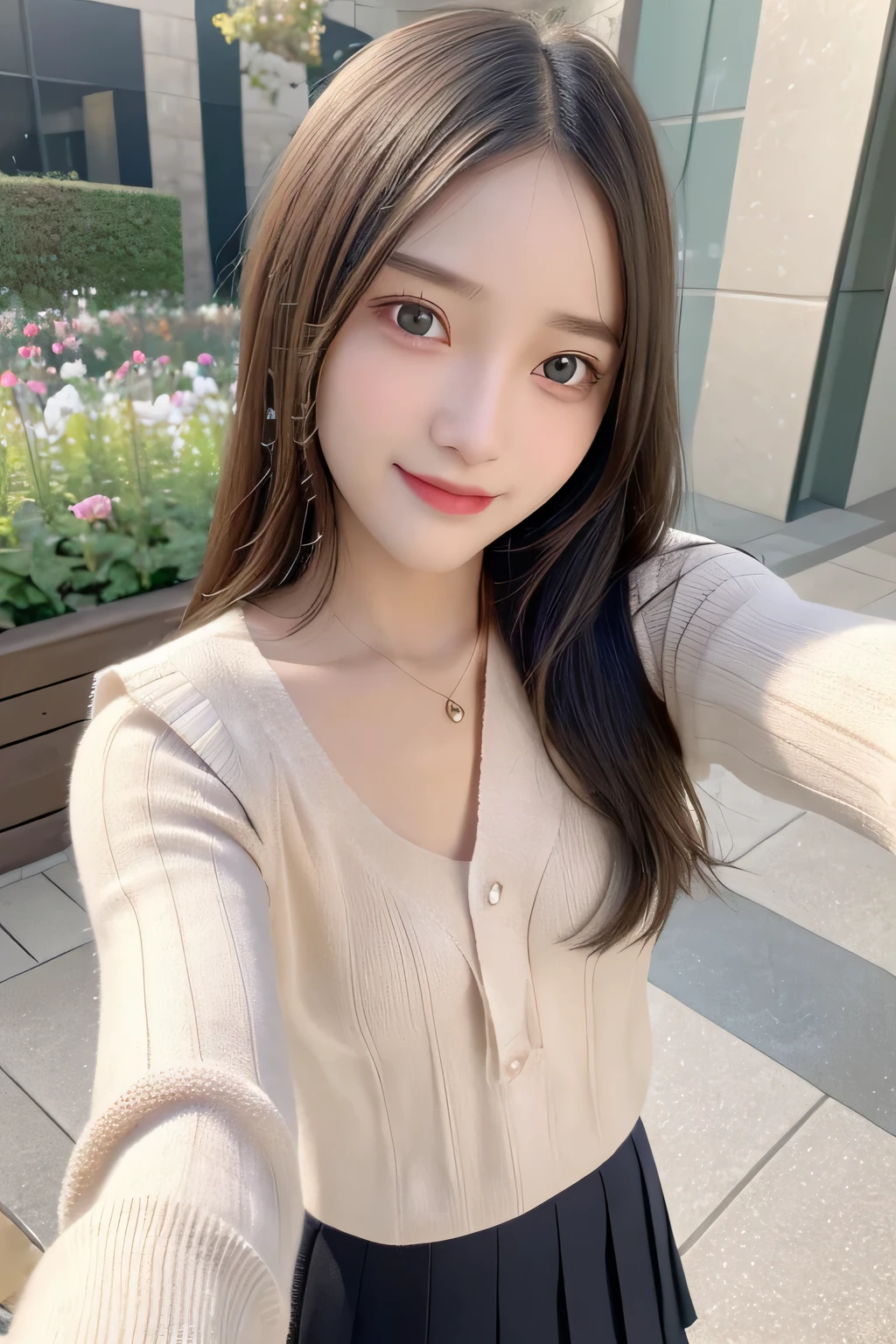 pieces fly、masterpiece、highest quality、Super detailed、High resolution、High resolution、8K portrait、unity 8k wallpaper、Detailed CG、unity 8k wallpaper、Detailed CGユニティ8kの壁紙、realistic、real person、portrait photography、shiny skin、(16 years old)、(cute:1.2)、High resolution、beautiful clear eyes、very detailed explanation、delicate face、nice lips、thin waist、thin legs、1 girl、(fitted knit sweater:1.2)、(pleated skirt:1.2)、(flat chest:1.4)、((Self snap:1.4))、(smile:1.2)、(garden:1.2)