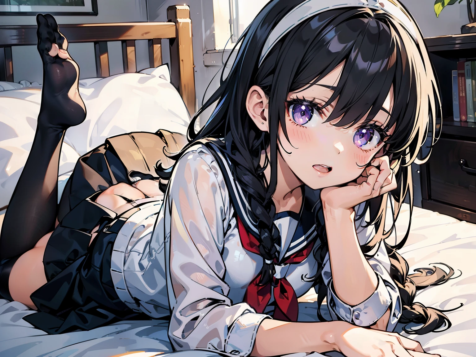 8K, highest quality, masterpiece, Super detailed, ultra high resolution, realistic, RAW photo, absolute resolution, small face compared to body, very small face, black hair, High school girl wearing a navy sailor suit, Anime 2D rendering, realistic若いアニメの女子高生, ((White headband)), purple eyes, small breasts, tall, slanted eyes, (school scenery), black stockings, bright color, open your mouth, Dark blue skirt, braid hair, Bangs Patsun, position looking down from above, lie on your stomach, Are sleeping, drool coming out of the mouth,