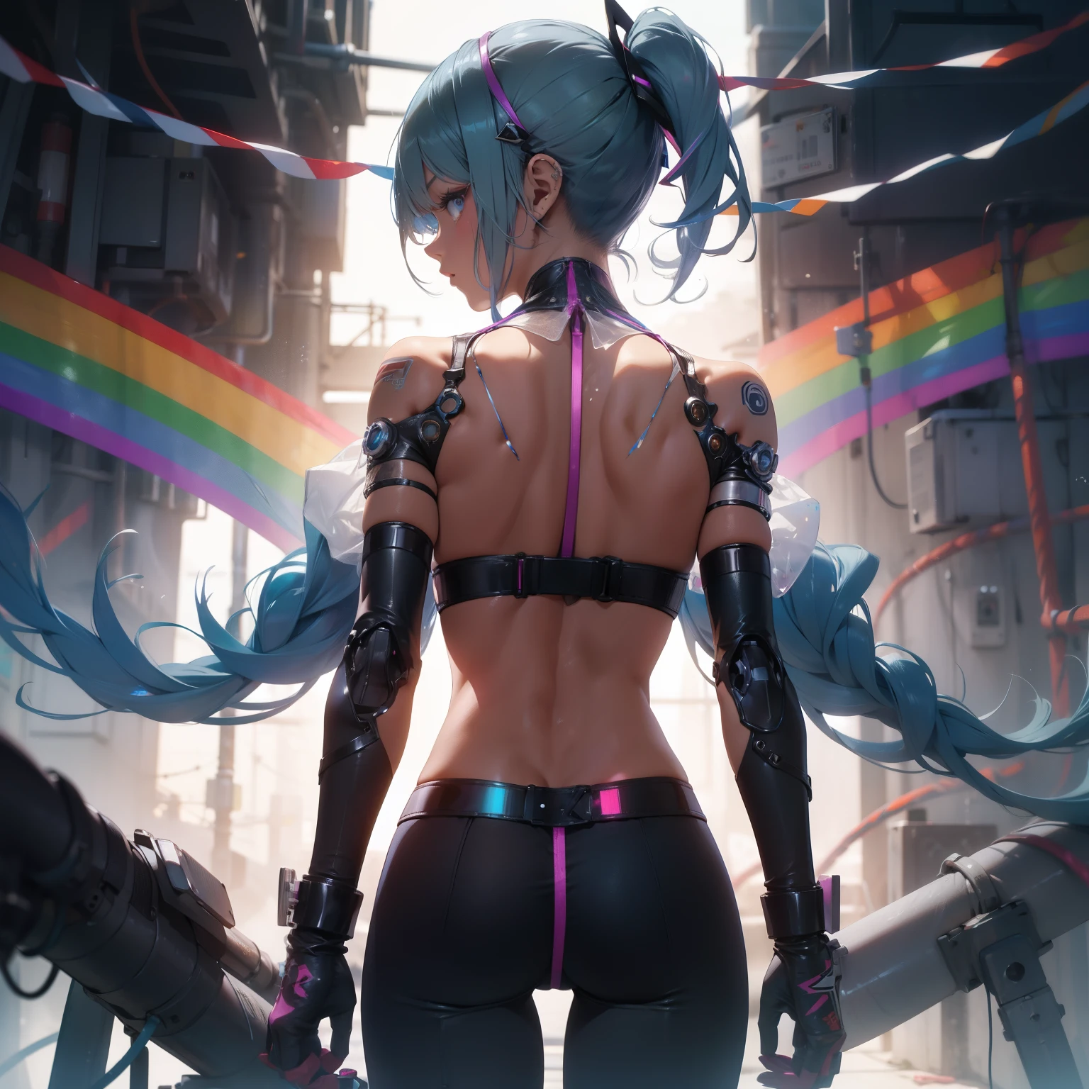 (quality)), ((masterpiece)), Recommended results、Puffy nipples、(see through:1.5)、straighten your back、abdominal muscles、huge bust、angle to floor:1.2、low camera angle、Hair loss on crotch,Hatsune Miku,super detailed)), (Very detailed的CG插画), ((extremely delicate and beautiful)),(1 white transparent mechanical girl)),alone,whole body,(Machine made joints:1.2),((mechanical limbs)),(Flashing blood vessel points connected to tubes),(Mechanical vertebrae attached to the back,with flowing glitter.),((Flowing rainbow fixed around neck)),perfect round face,(wires and cables attaching to neck:1.2),(Rainbow wires and cables on the head:1.2)(Character focus),,Very detailed,rich and colorful,most detailed,white ceramic skin,blue short hair