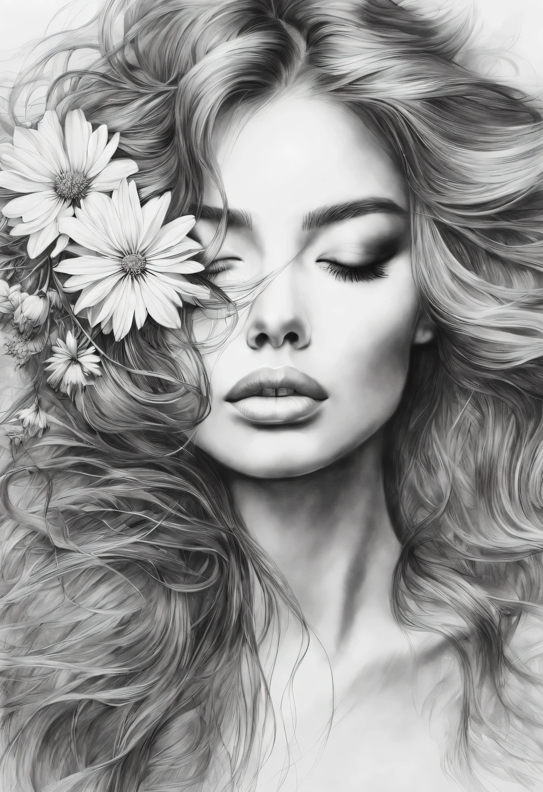 new romantic style, portrait, Beautiful detailed，Stylish photography style,Graphite painting art style, （front） a beautiful woman，one eye closed，The other eye is covered by a flower and messy long hair，