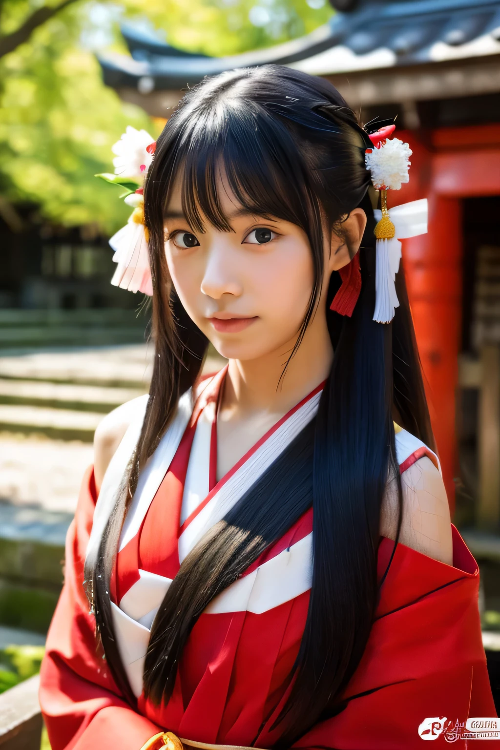 highest quality、８K、pretty girl、Japanese shrine maiden、Idol、blacK hair、long hair、Vermilion haKama、whole body、