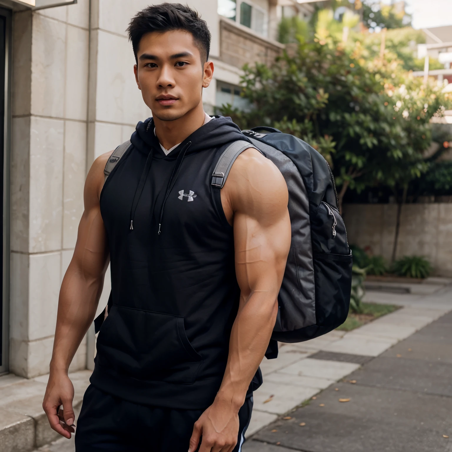 Handsome and muscular asian fitness hunks wearing a sleeveless under armour hoodie and backpack