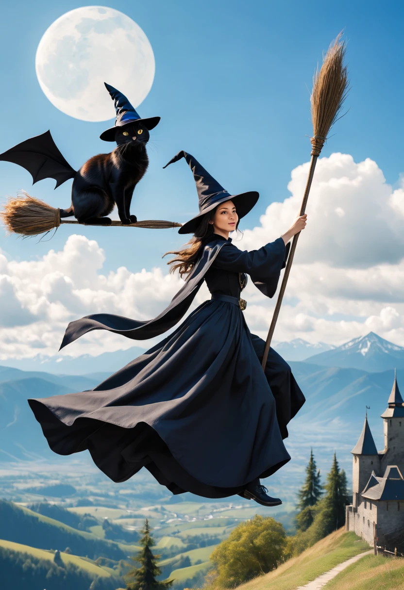 Witch Carrying Black Kata Painting of a witch wearing a witch costume、woman sitting on broom, classical witch, witch fairytale, witch and black cat, On a bright afternoon，Many wizards compete on broomsticks under the blue sky。They travel among the clouds，Intense competition，Chase each other。The background is the vast sky and distant mountains，Gives people a feeling of flying。