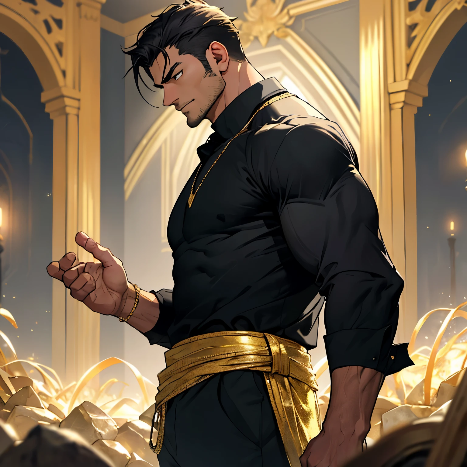 A man in a black shirt, his expression unreadable, stood with a firm stance, gazing intently forward. In one hand, he clutched several glittering gold bars, their weight obvious as his muscles tensed. With the other hand, he gestured invitingly, beckoning someone to approach. The scene was bathed in soft, warm light, highlighting the man's chiseled features and the golden treasure in his possession. The atmosphere was tense, the anticipation palpable. The someone, unseen but implied, was drawn closer, their curiosity piqued.