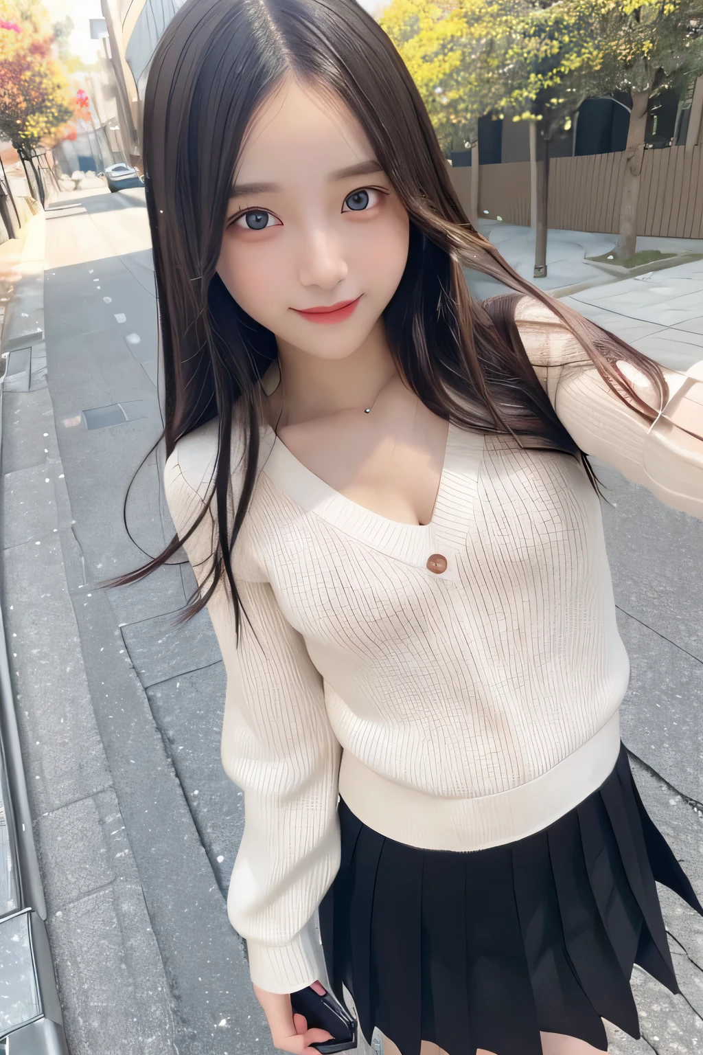 pieces fly、masterpiece、highest quality、Super detailed、High resolution、High resolution、8K portrait、unity 8k wallpaper、Detailed CG、unity 8k wallpaper、Detailed CGユニティ8kの壁紙、realistic、real person、portrait photography、shiny skin、()、(cute:1.2)、High resolution、beautiful clear eyes、very detailed explanation、delicate face、nice lips、thin waist、thin legs、1 girl、(black fitted knit sweater:1.2)、(pleated skirt:1.2)、(flat chest:1.4)、((Self snap:1.4))、(smile:1.2)、(Walking trail:1.2)
