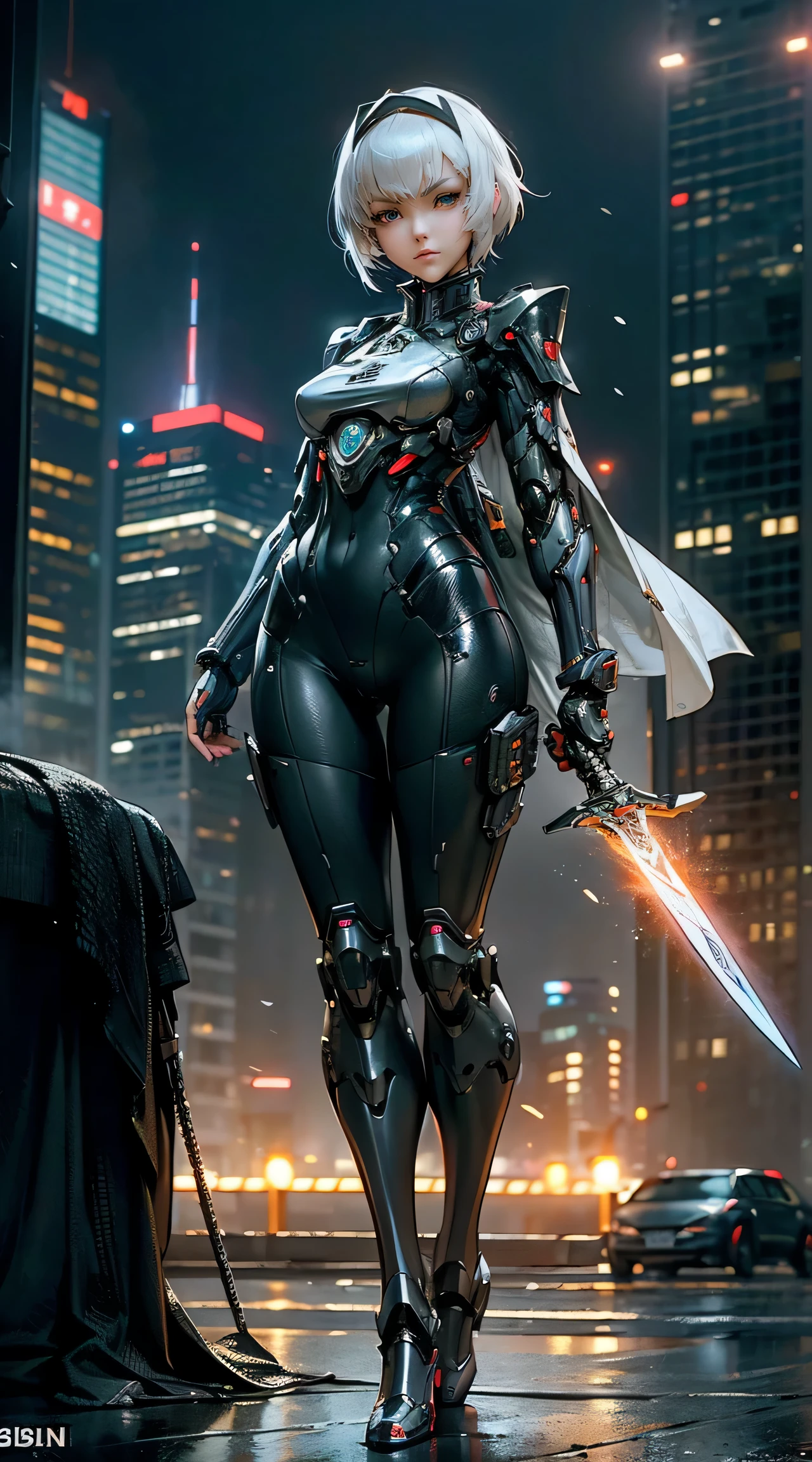 (table top,very detailed, heavy mechanism, hard surface),(concept art:1.1),(armored core style:0.8), A woman wearing ninja robot armor is standing,(red body:1.1),(long legs:1.1),(Equipped with saber and chain:1.1),(fine eyes:1.3),(detailed face:1.3),(weapon details:1.3),(detailed body:1.3),((Full body Esbian:1.5)),(The background is the city of the night of the future、Skyscraper.:1.5),lively、short hair、blade runner、ghost in the shell