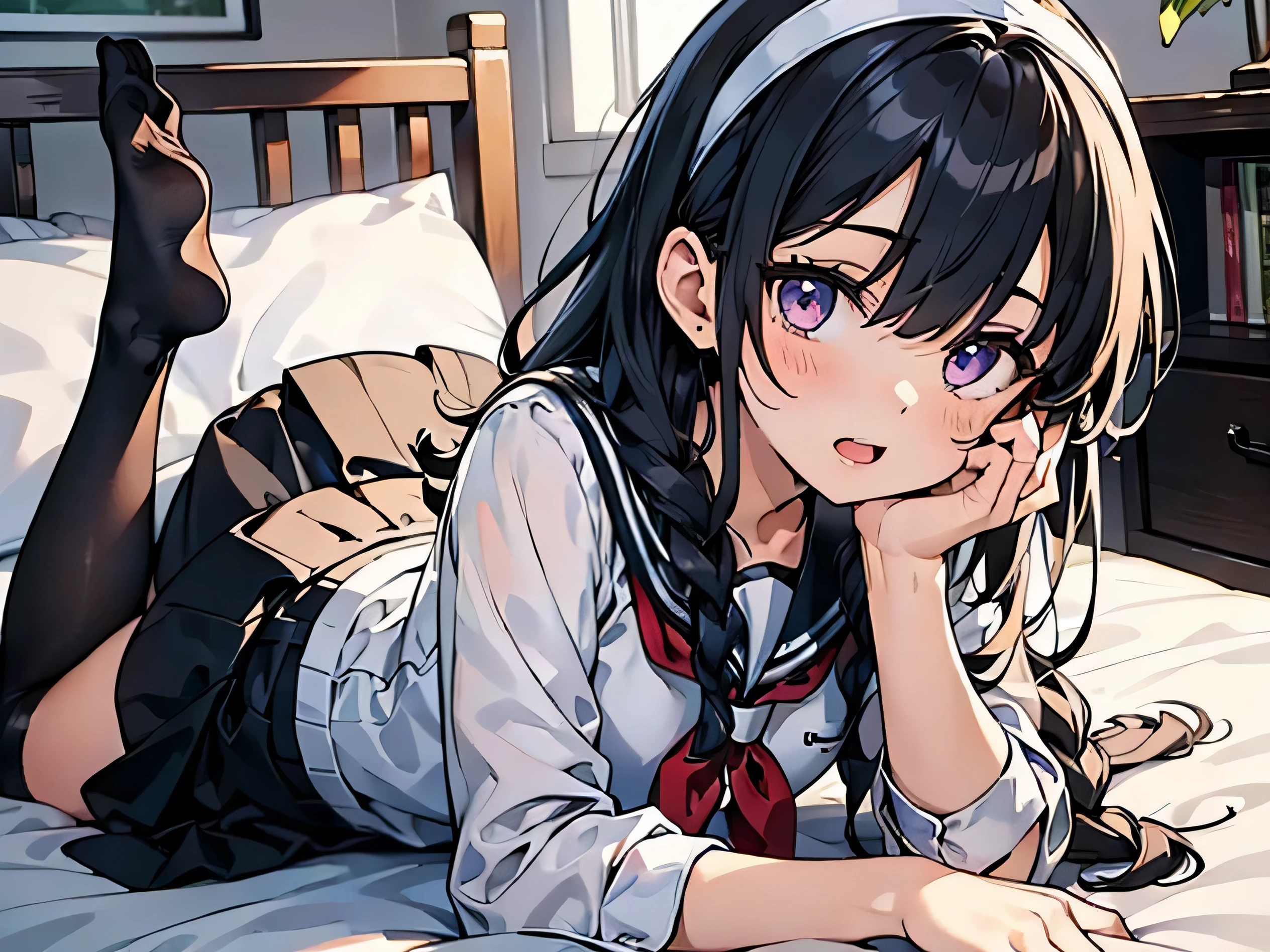 8K, highest quality, masterpiece, Super detailed, ultra high resolution, realistic, RAW photo, absolute resolution, face is small compared to body, very small face, black hair, High school girl wearing a navy sailor suit, anime 2d rendering, realistic若いアニメの女子高生, ((white headband)), purple eyes, small breasts, expensive, slanted eyes, (school scenery), black stockings, bright colors, open your mouth, dark blue skirt,  braid hair, Bangs Patsun, position looking down from above, Please sleep on your stomach, Are sleeping, Drool comes out of the mouth, 