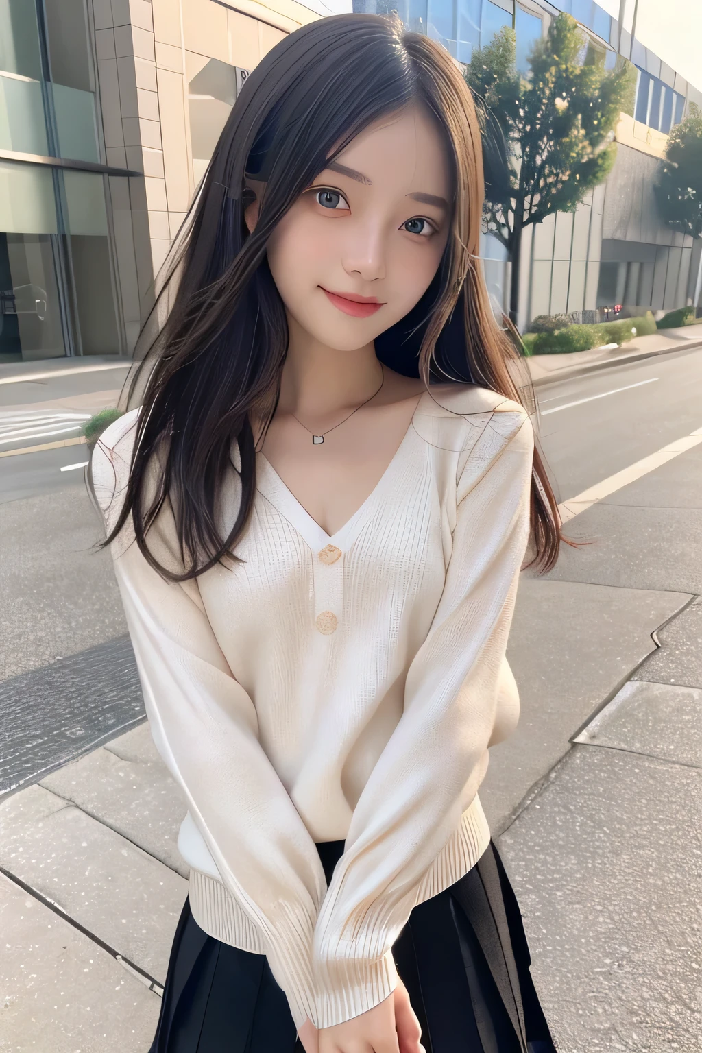 pieces fly、masterpiece、highest quality、Super detailed、High resolution、High resolution、8K portrait、unity 8k wallpaper、Detailed CG、unity 8k wallpaper、Detailed CGユニティ8kの壁紙、realistic、real person、portrait photography、shiny skin、(16 years old)、(cute:1.2)、High resolution、beautiful clear eyes、very detailed explanation、delicate face、nice lips、thin waist、thin legs、1 girl、(black fitted knit sweater:1.2)、(pleated skirt:1.2)、(flat chest:1.4)、((Self snap:1.4))、(smile:1.2)、(Walking trail:1.2)