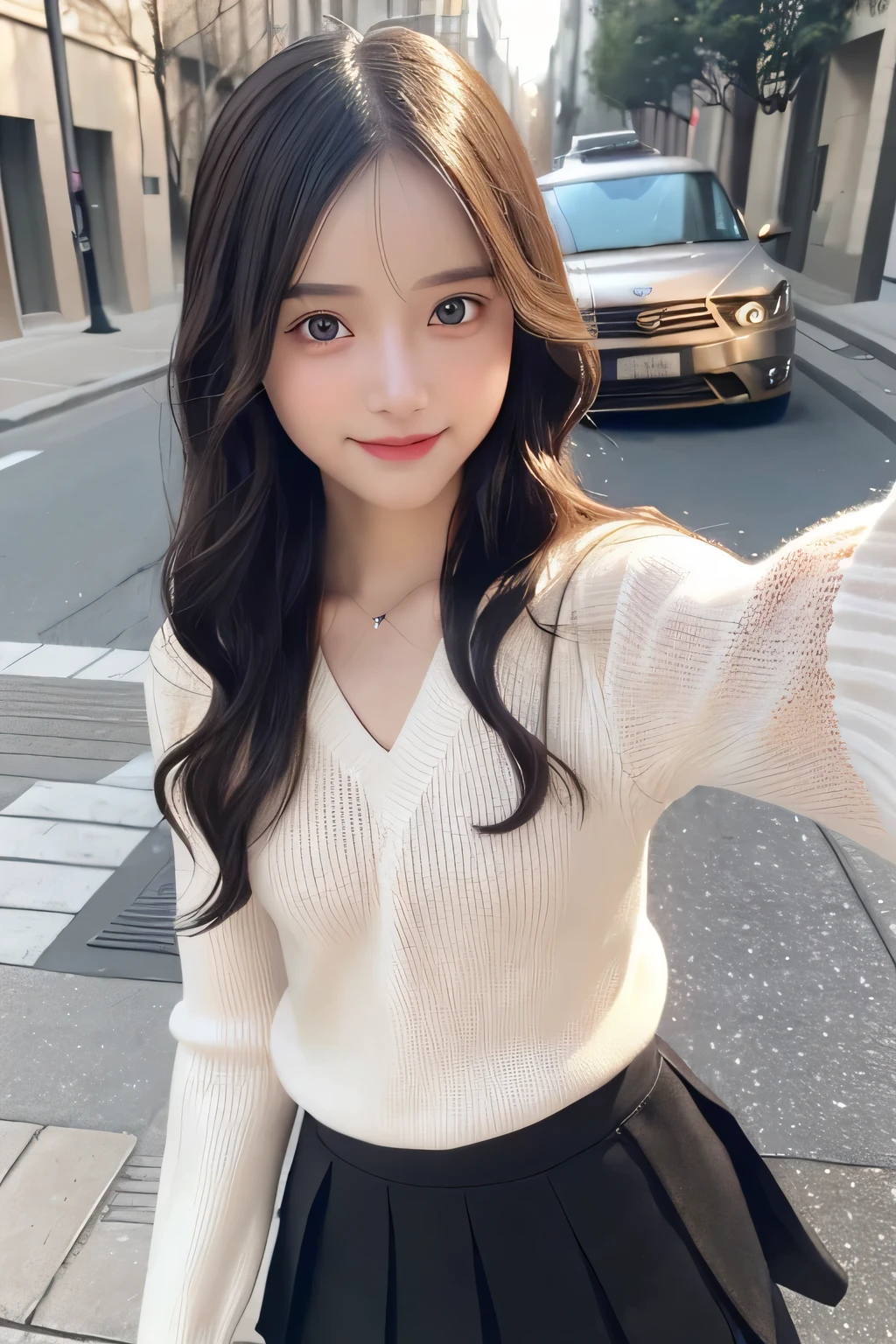 pieces fly、masterpiece、highest quality、Super detailed、High resolution、High resolution、8K portrait、unity 8k wallpaper、Detailed CG、unity 8k wallpaper、Detailed CGユニティ8kの壁紙、realistic、real person、portrait photography、shiny skin、(16 years old)、(cute:1.2)、High resolution、beautiful clear eyes、very detailed explanation、delicate face、nice lips、thin waist、thin legs、1 girl、(black fitted knit sweater:1.2)、(pleated skirt:1.2)、(flat chest:1.4)、((Self snap:1.4))、(smile:1.2)、(Walking trail:1.2)、(wavy hair:1.2)