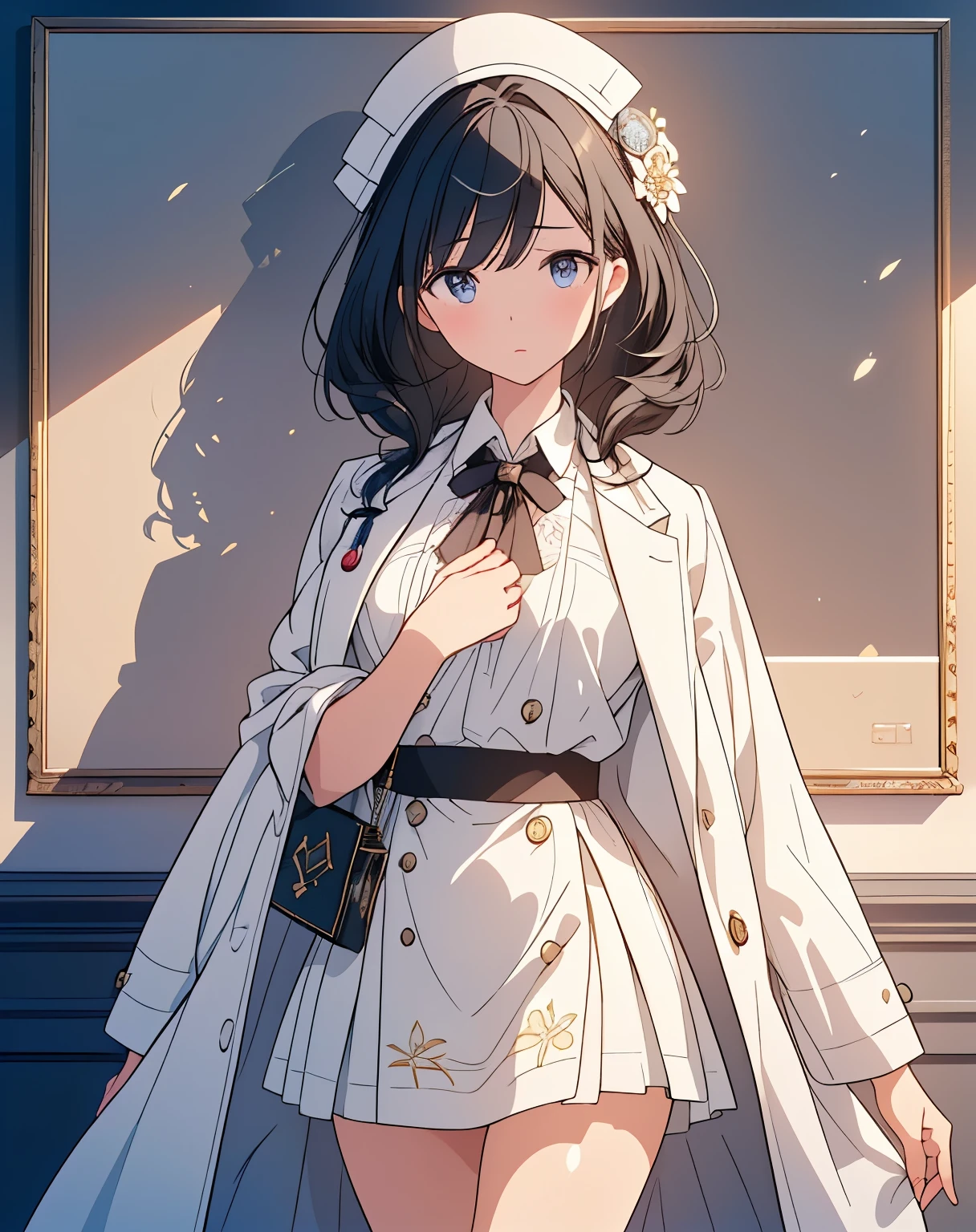 1 girl,doctor,A bird skull hangs on the chest,,I'm holding this medical kit in my hand,cute,beauty,Trinkets, doll, slim,human face, Long black hair details,12k, intricate details,(qualidade de obra-prima, Highest,12k,Exquisite picture with rich details,The beauty of light and shadow,high resolution,Master masterpieces,The expression is simple,Look at the camera with dependent eyes,Hot topics on pixiv,Celluloid painting method,three quarter view,Modern white coat,cute,modern,doctor,Exquisite facial features,Two dimensions,sneering