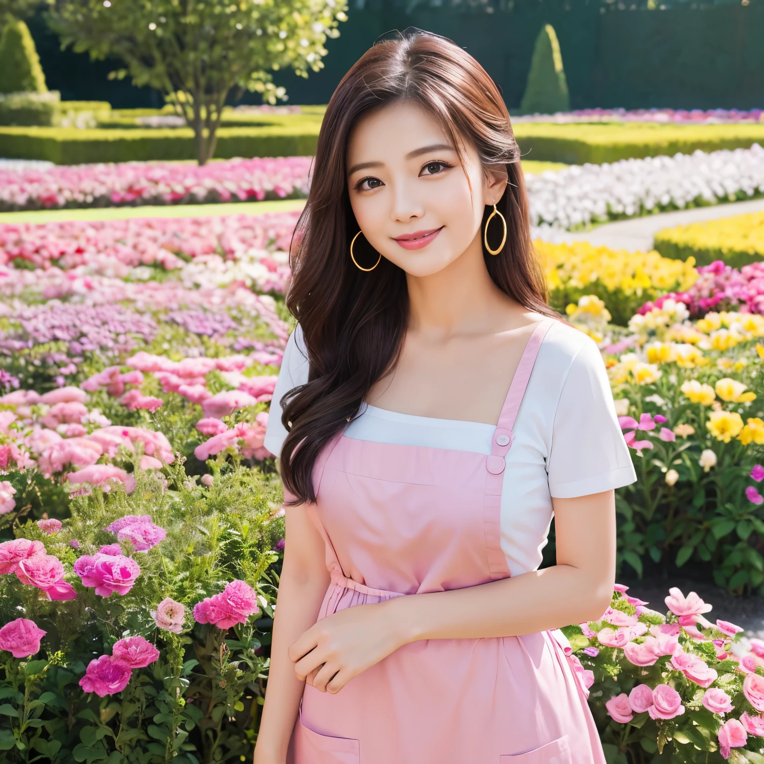 (highest quality、8K resolution、master masterpiece、professional photography)、(45 year old nursery teacher、Beautiful adult nursery teacher、mature female nursery teacher)、standing in a gorgeous flower garden、Colorful and vast flower garden、one large fountain、very romantic flower garden、Portrait Photo、standing looking at me、Photo above the waist、look at me and smile sadly、long eyelashes、perfect makeup、plain pink apron、beautiful clavicle、swollen chest、(Shiny fair skin with super high detail:1.1)、atmosphere of youth、Bright and refreshing atmosphere、vivid