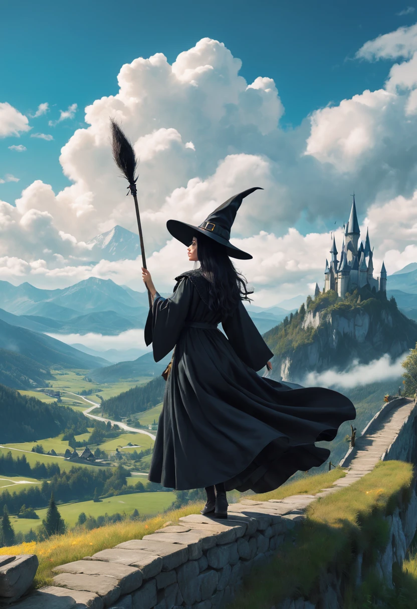 Witch Carrying Black Kata Painting of a witch wearing a witch costume、woman sitting on broom, classical witch, witch fairytale, witch and black cat, On a bright afternoon，Many wizards compete on broomsticks under the blue sky。They travel among the clouds，Intense competition，Chase each other。The background is the vast sky and distant mountains，Gives people a feeling of flying。