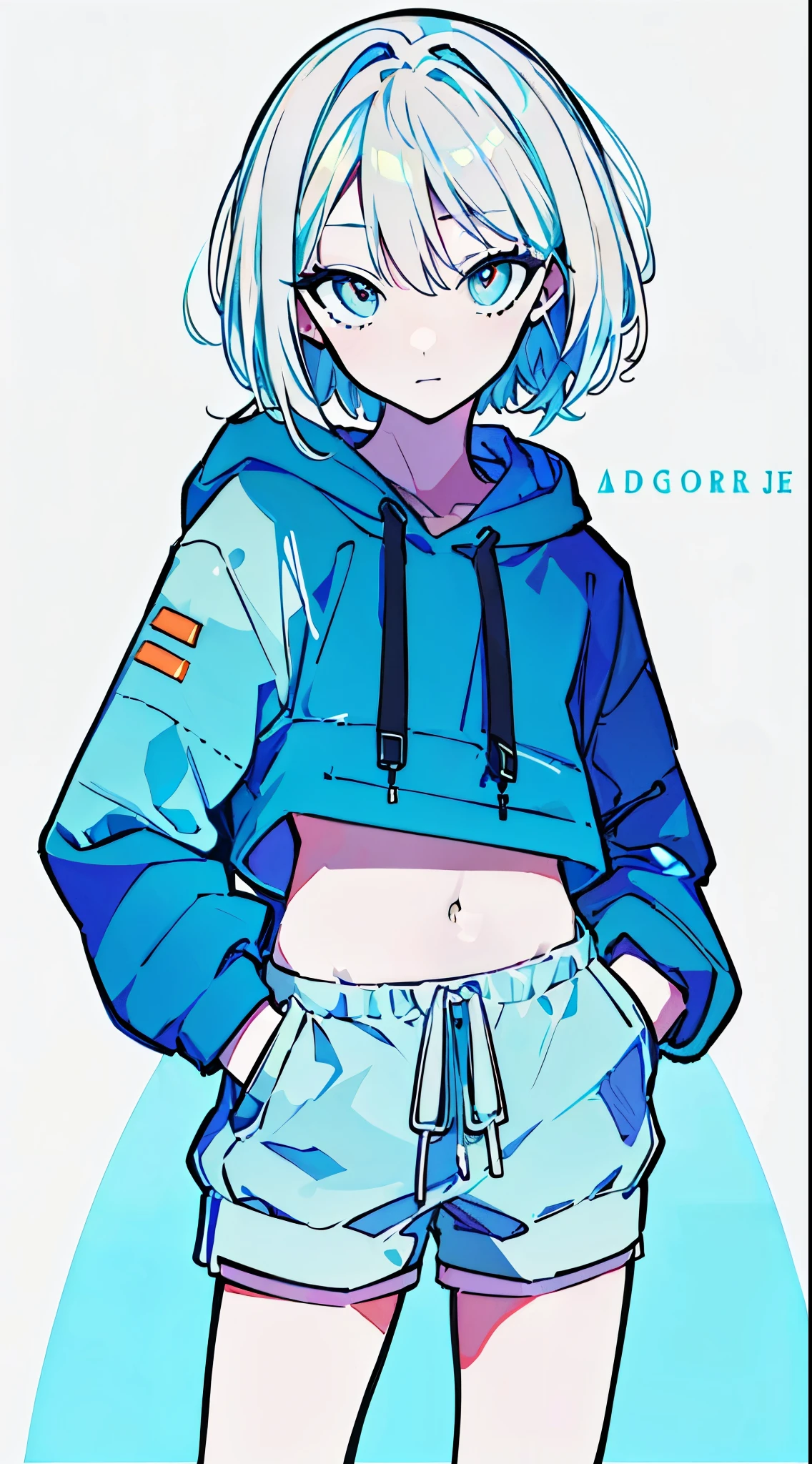 (masterpiece, highest quality:1.6), alone, thick outline, (simple background, Dark light blue background, monochrome, dark blue theme:1.2), official art, Key Visual, 8K, confused, whole body, (Unique hair, oversized hoodie, hot pants, arch back, short torso:1.2), belly button, thighs, cowboy shot, HDR, sharp focus, High resolution, most detailed, very detailed, Super detailed, finely, detailed eyes and face, sharp pupils, realistic student, alone, Contrast between light blue and white, alone, hands in pockets