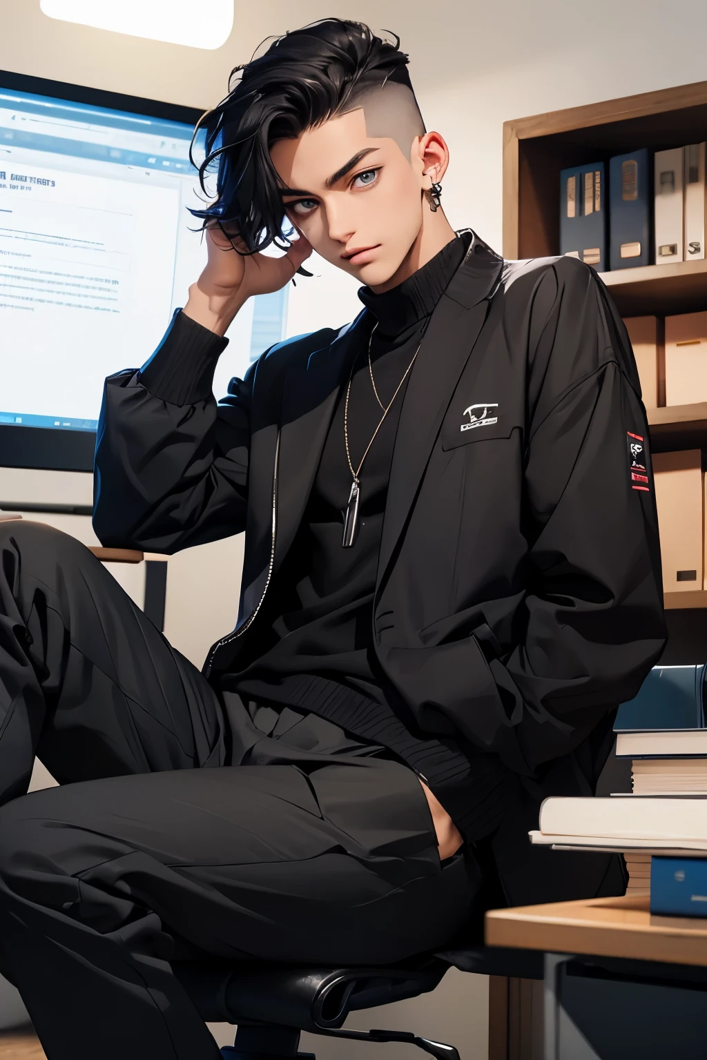 style punk,1mâle, handsome ager with a mysterious aura, a malicious little smile, blue-grey eyes and beautiful black hair , wearing sexy black clothes, sitting behind his desk looking us 