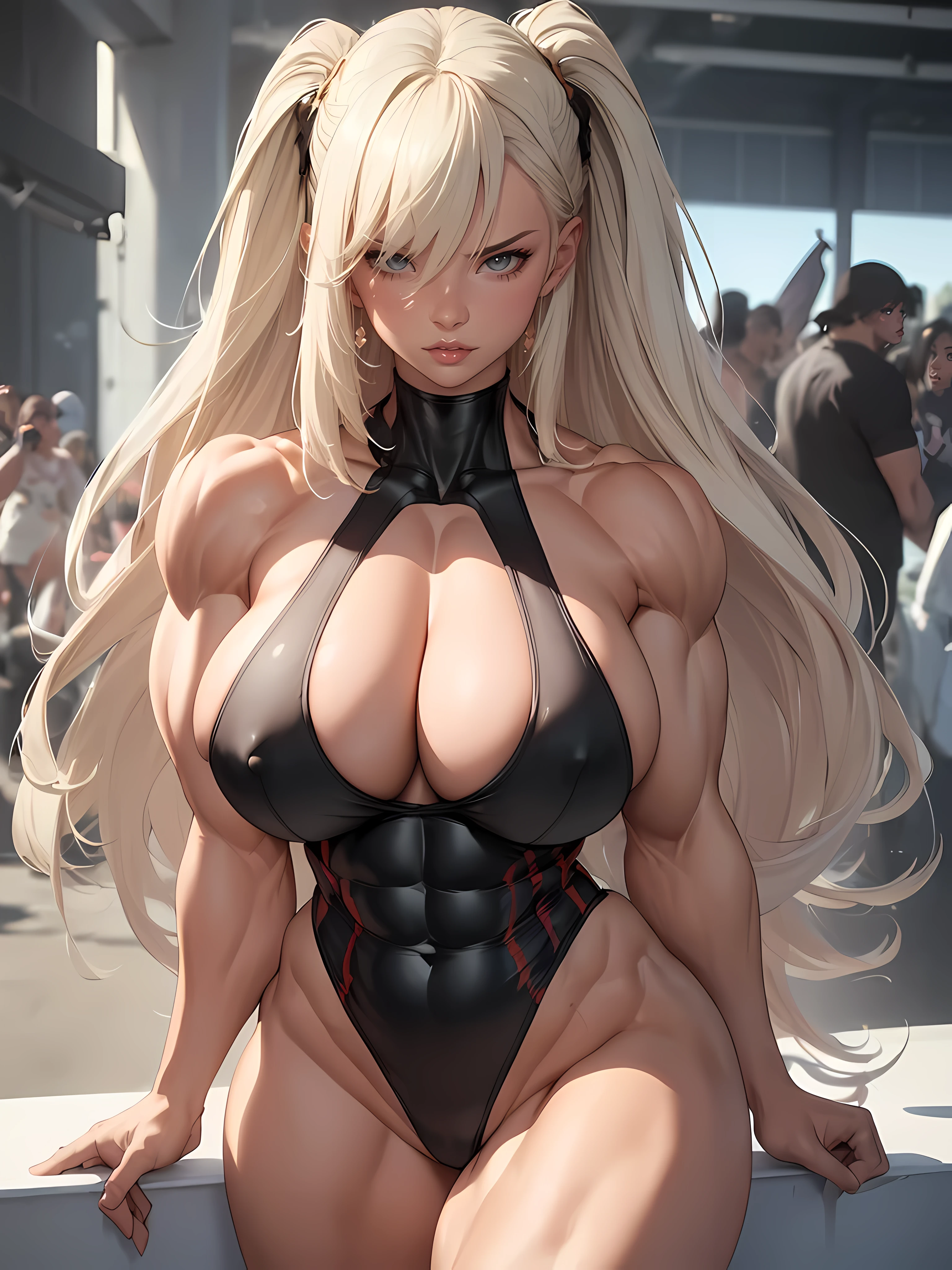 ((Masterpiece)), ((Best Quality)), ((Solo)), ((alone)), ((1girl)), finelydetail, high resolucion, Extremely delicate and beautiful, Huge breasts, thick-thighs, slim waist, Platinum Blonde Hair, Long hair, hair behind the ears、Drag racing、Midsummer Racing Circuit、race car, race queen, s whole body, (((accurate anatomy))), (((Huge breasts))), ((long legs)), ((wide hips)), ((((Muscular Legs)))), (((Massive Female Bodybuilder))), (((((Huge Muscles)))))