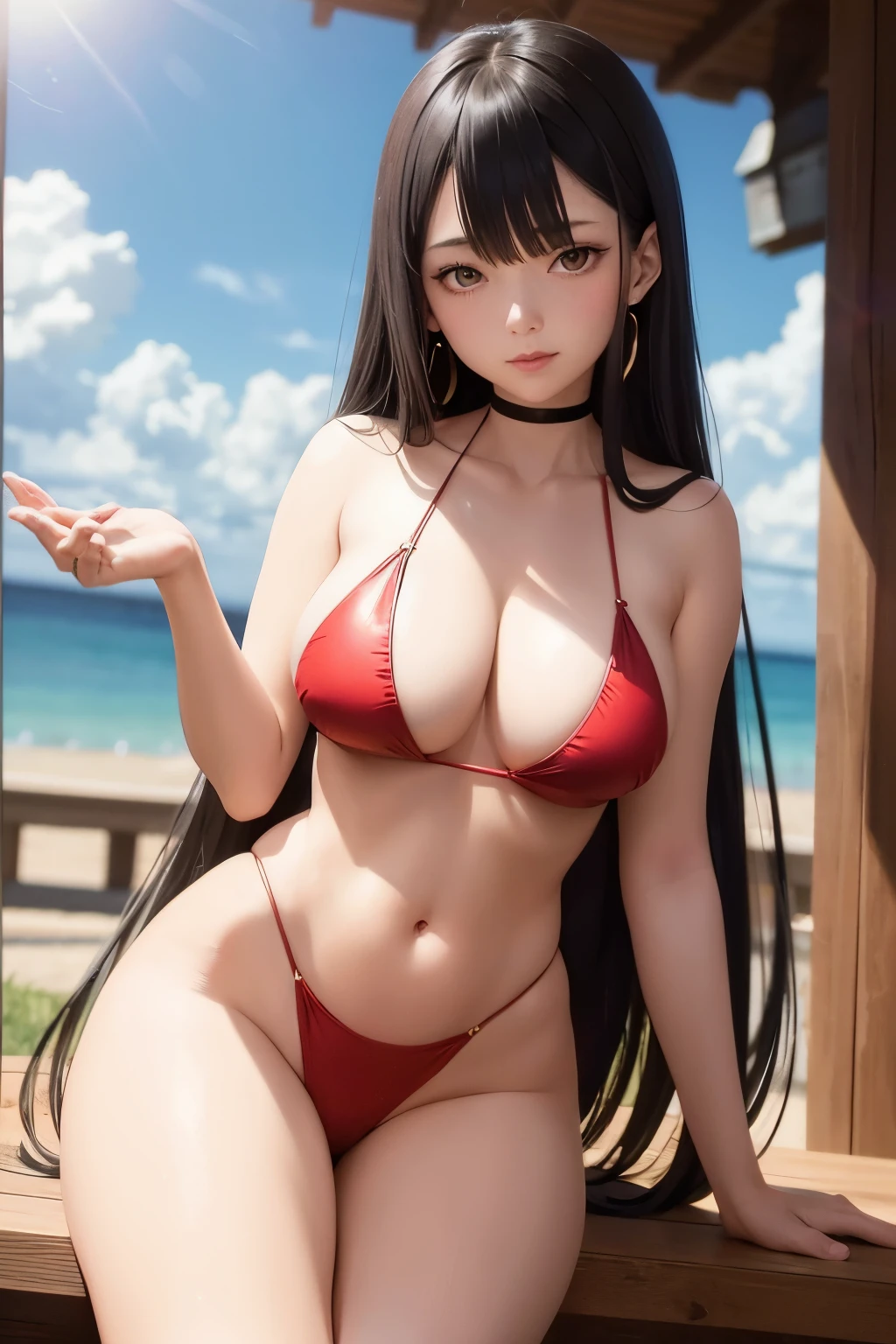 The Japanese anime portrays a very sexy girl in a full body shot, wearing a red and white string bikini that accentuates her curves. Her long, flowing black hair cascades down her shoulders, and her fair skin glows under the sun. With a confident and provocative expression, she gazes out at the viewer, her deep-set, jewel-like golden eyes sparkling in the sunlight. The highly detailed and intricately designed anime style brings every curve and contour of her body to life, making this a true masterpiece in best quality 8k resolution.