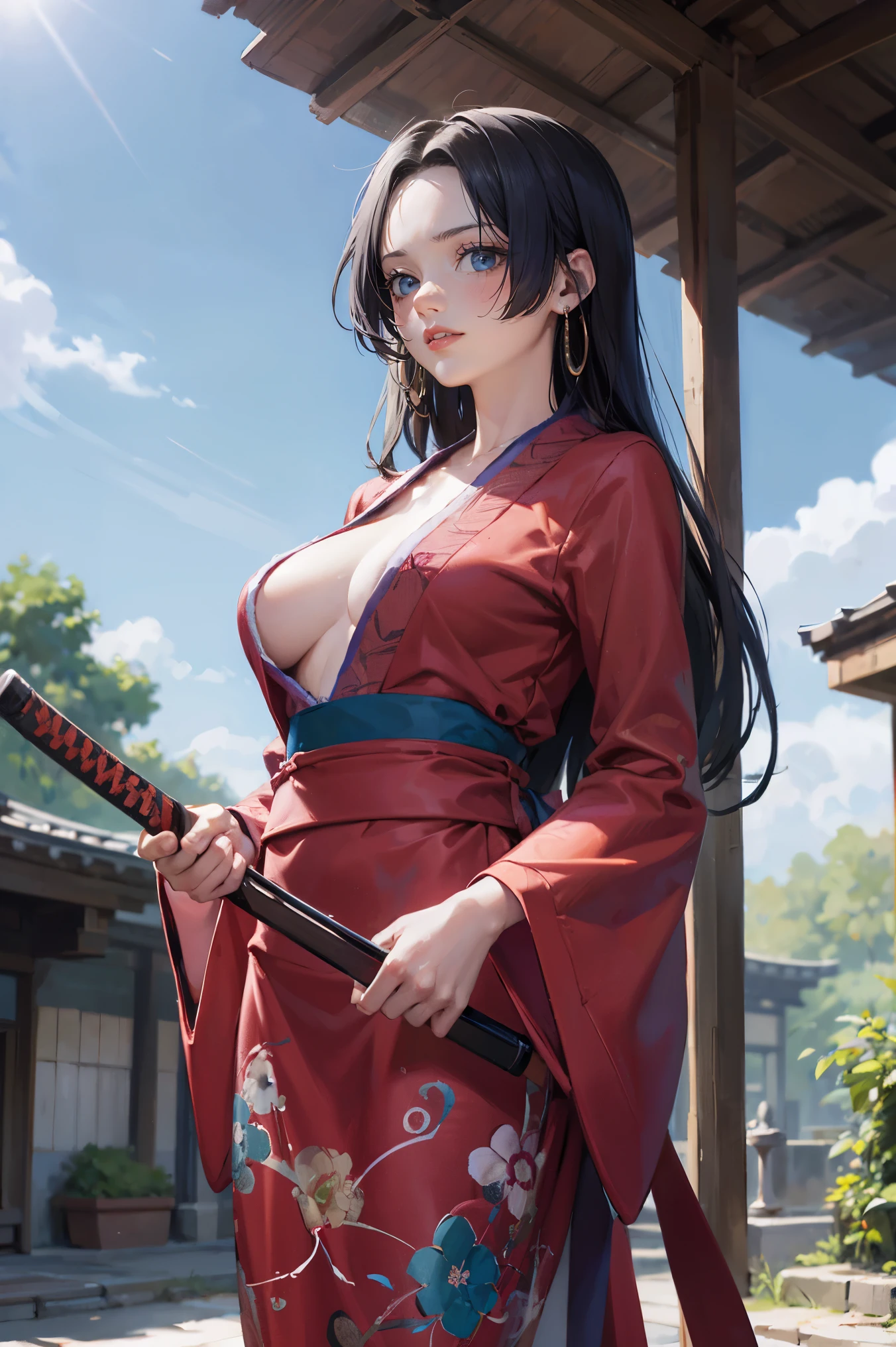 masterpiece, Best Quality, absurderes, Perfect Anatomy, Unity 8k Wallpapers,best anime,shoot from front,cowboy shot,20 year old beauty、boa hancock,black hair,long hair, ,slender body,large breasts,Turn your body to the viewer、waitress,Japanese clothing、hakama、holding a Japanese sword、A Japanese sword drawn with precision and accuracy、Ready to fight with a sword、outdoor、wilderness、