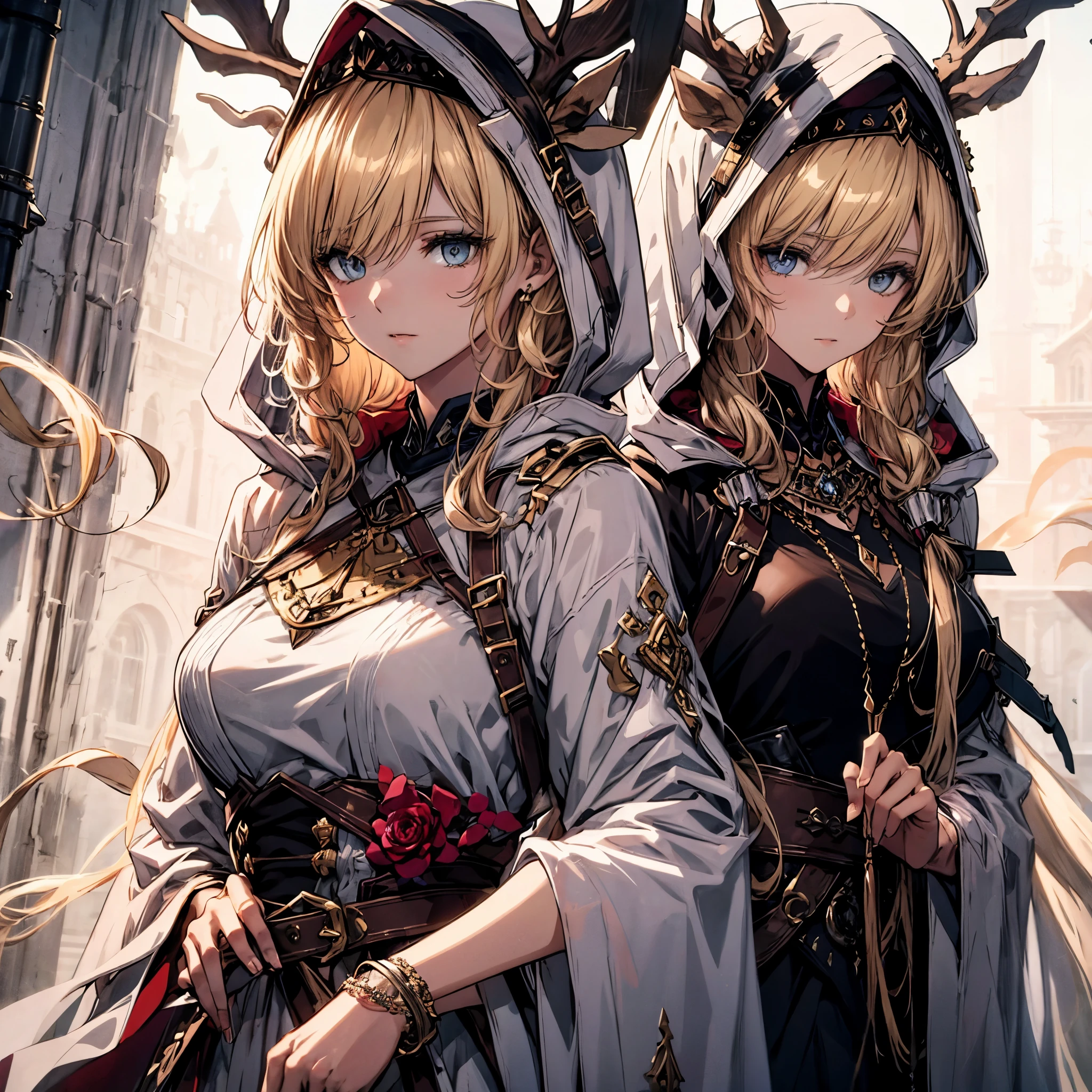 (best quality, 4K, 8k, high resolution, masterpiece:1.2), super detailed, Noble maiden, Exquisite facial features，Long blonde curly hair details expressed, elegant gesture, dreamy atmosphere, expressive brush strokes, mysterious atmosphere, artistic interpretation,Delicate curls，Detailed floral jewelry, Crystal diamond jewelry，Small fresh aesthetics，Stunning intricate costumes, fantasy illustration, Subtle colors and tones, The details have been upgraded