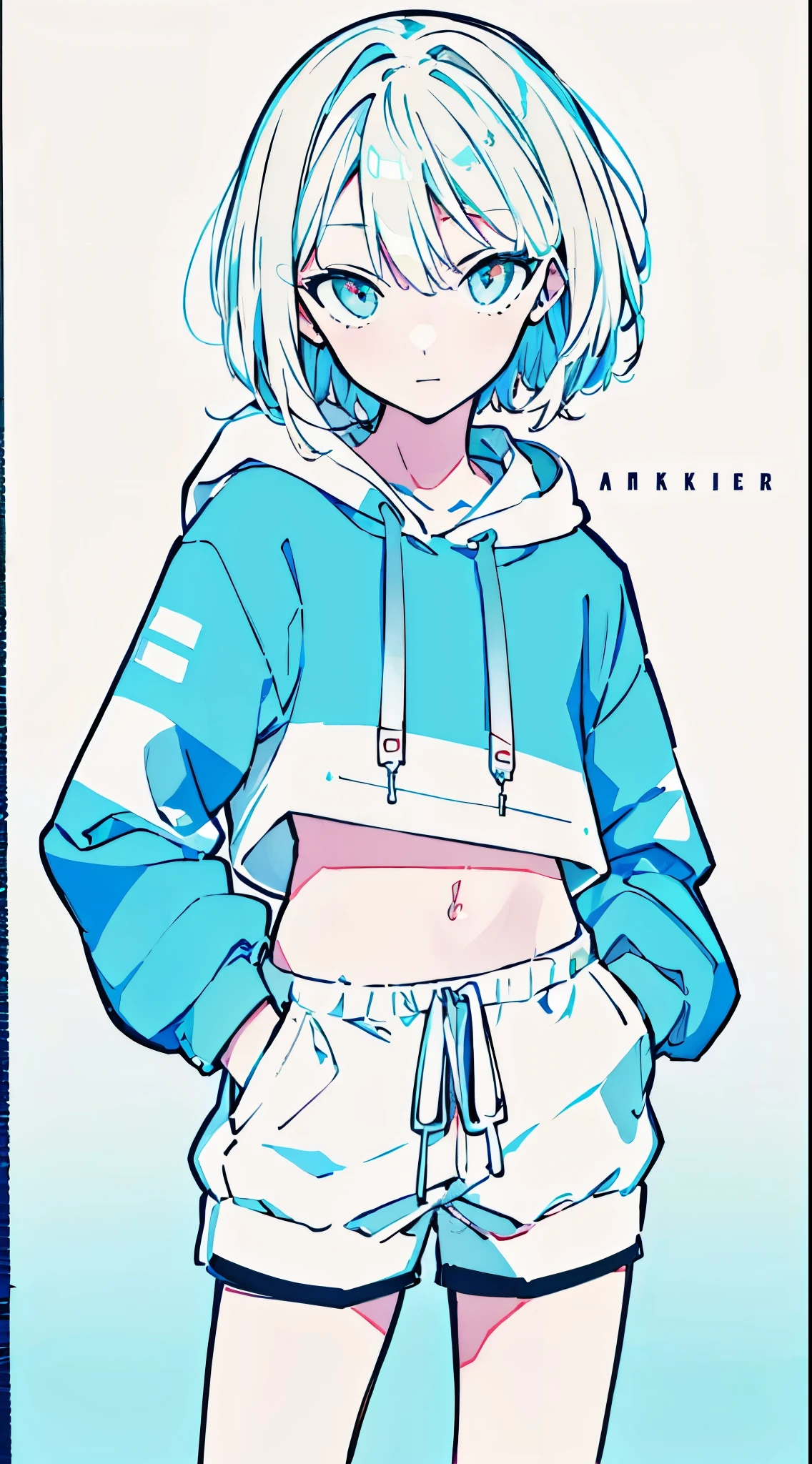 (masterpiece, highest quality:1.6), alone, thick outline, (simple background, Dark light blue background, monochrome, dark blue theme:1.2), official art, Key Visual, 8K, confused, whole body, (Unique hair, oversized hoodie, hot pants, arch back, short torso:1.2), belly button, thighs, cowboy shot, HDR, sharp focus, High resolution, most detailed, very detailed, Super detailed, finely, detailed eyes and face, sharp pupils, realistic student, alone, Contrast between light blue and white, alone, put one&#39;Hand in hand&#39;pocket of