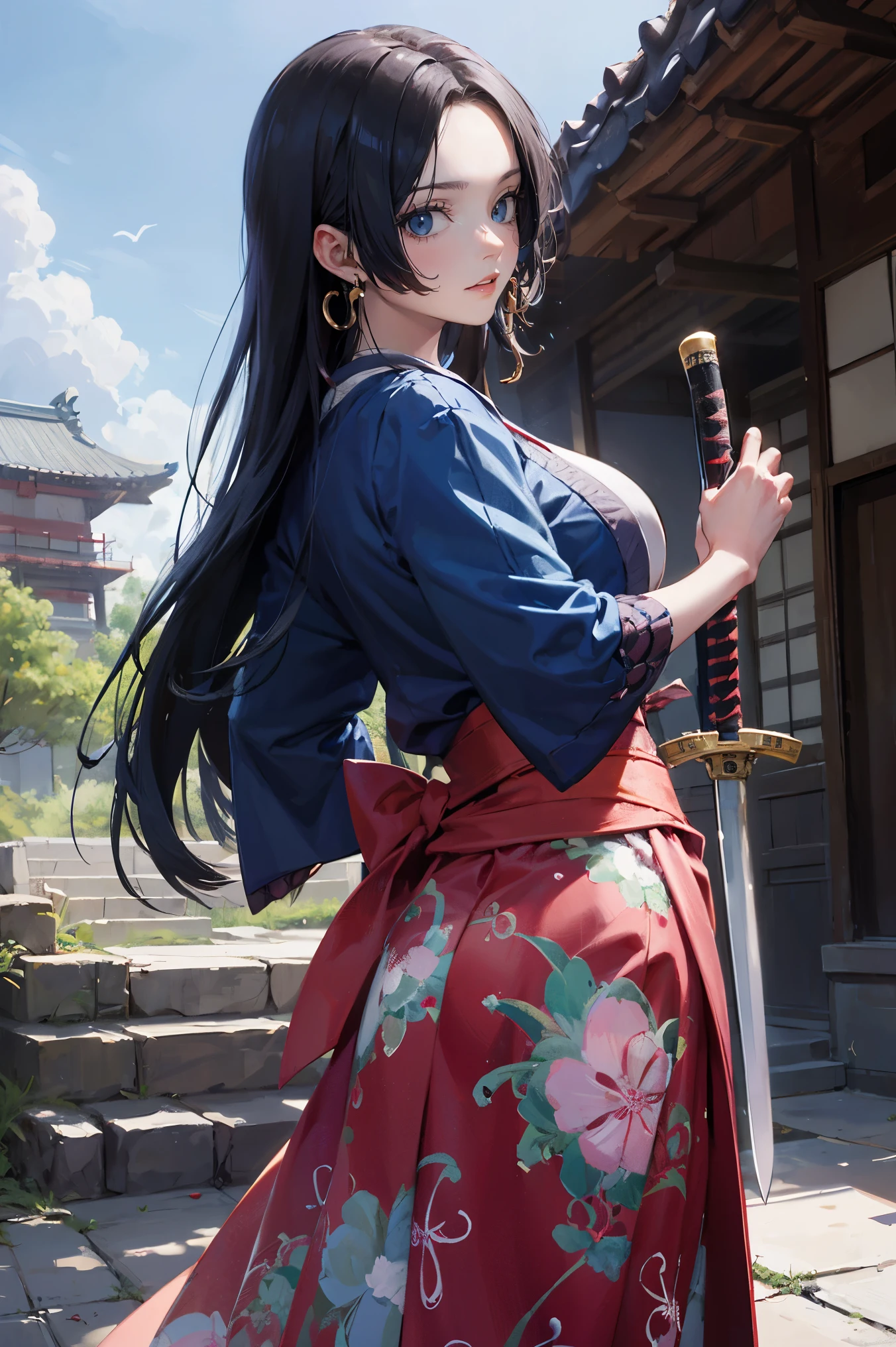 masterpiece, Best Quality, absurderes, Perfect Anatomy, Unity 8k Wallpapers,best anime,shoot from front,cowboy shot,20 year old beauty、boa hancock,black hair,long hair, ,slender body,large breasts,Turn your body to the viewer、waitress,Japanese clothing、Red pleated mini skirt、holding a Japanese sword、A Japanese sword drawn with precision and accuracy、Ready to fight with a sword、outdoor、wilderness、