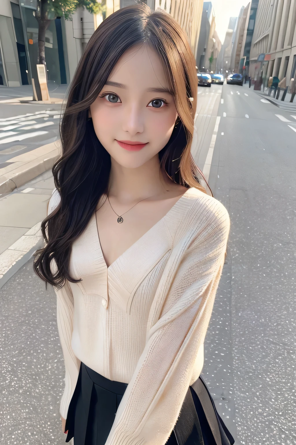 pieces fly、masterpiece、highest quality、Super detailed、High resolution、High resolution、8K portrait、unity 8k wallpaper、Detailed CG、unity 8k wallpaper、Detailed CGユニティ8kの壁紙、realistic、real person、portrait photography、shiny skin、()、(cute:1.2)、High resolution、beautiful clear eyes、very detailed explanation、delicate face、nice lips、thin waist、thin legs、1 girl、(black fitted knit sweater:1.2)、(pleated skirt:1.2)、(flat chest:1.4)、((Self snap:1.4))、(smile:1.2)、(Walking trail:1.2)、(wavy hair:1.2)