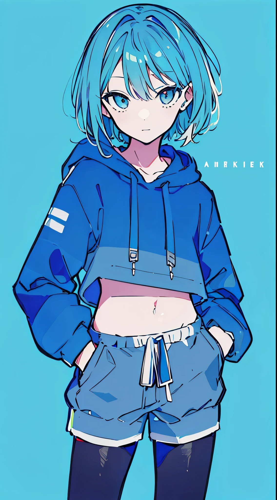 (masterpiece, highest quality:1.6), alone, thick outline, (simple background, Dark light blue background, monochrome, dark blue theme:1.2), official art, Key Visual, 8K, confused, whole body, (Unique hair, oversized hoodie, hot pants, arch back, short torso:1.2), belly button, thighs, cowboy shot, HDR, sharp focus, High resolution, most detailed, very detailed, Super detailed, finely, detailed eyes and face, sharp pupils, realistic student, alone, Contrast between light blue and white, alone, put one'Hand in hand'pocket of