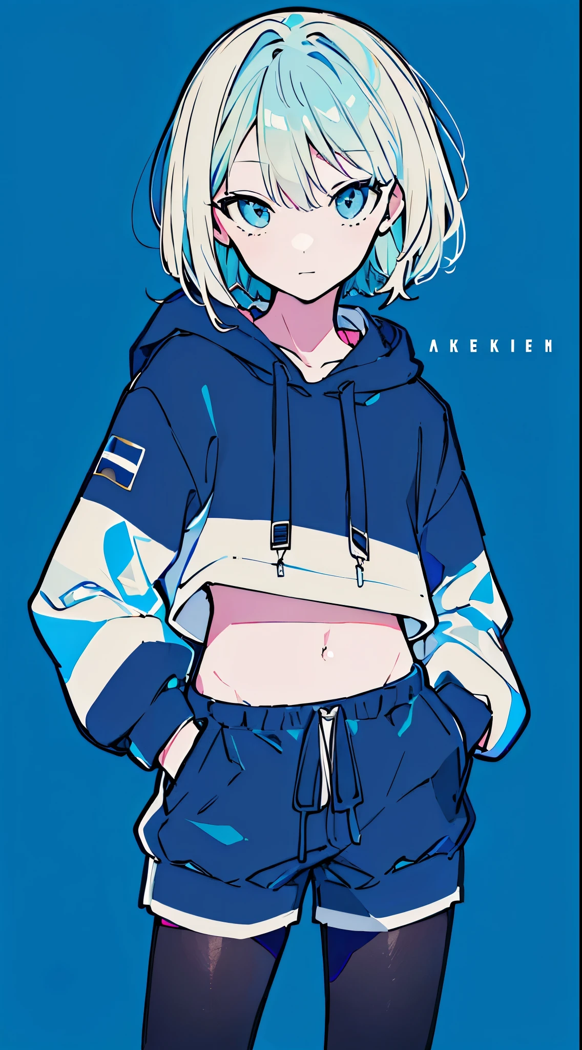 (masterpiece, highest quality:1.6), alone, thick outline, (simple background, Dark light blue background, monochrome, dark blue theme:1.2), official art, Key Visual, 8K, confused, whole body, (Unique hair, oversized hoodie, hot pants, arch back, short torso:1.2), belly button, thighs, cowboy shot, HDR, sharp focus, High resolution, most detailed, very detailed, Super detailed, finely, detailed eyes and face, sharp pupils, realistic student, alone, Contrast between light blue and white, alone, put one'Hand in hand'pocket of