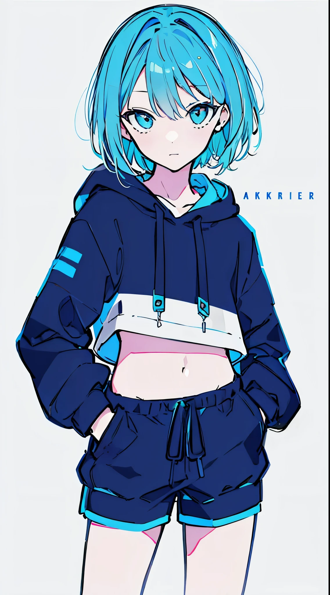 (masterpiece, highest quality:1.6), alone, thick outline, (simple background, Dark light blue background, monochrome, dark blue theme:1.2), official art, Key Visual, 8K, confused, whole body, (Unique hair, oversized hoodie, hot pants, arch back, short torso:1.2), belly button, thighs, cowboy shot, HDR, sharp focus, High resolution, most detailed, very detailed, Super detailed, finely, detailed eyes and face, sharp pupils, realistic student, alone, Contrast between light blue and white, alone, put one'Hand in hand'pocket of