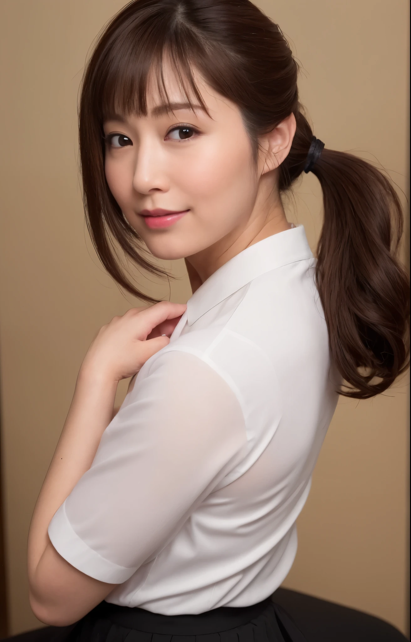 (Best quality, 8k, 32k, Masterpiece, UHD:1.2), from behind, 1 girl, beautiy Japanese office lady, (smile:0.5), (looking at the viewer), 30 years old, bit chubby, white shirt, black skirt, office room, desk, detailed beautiful face, pony-tail hair, from below,